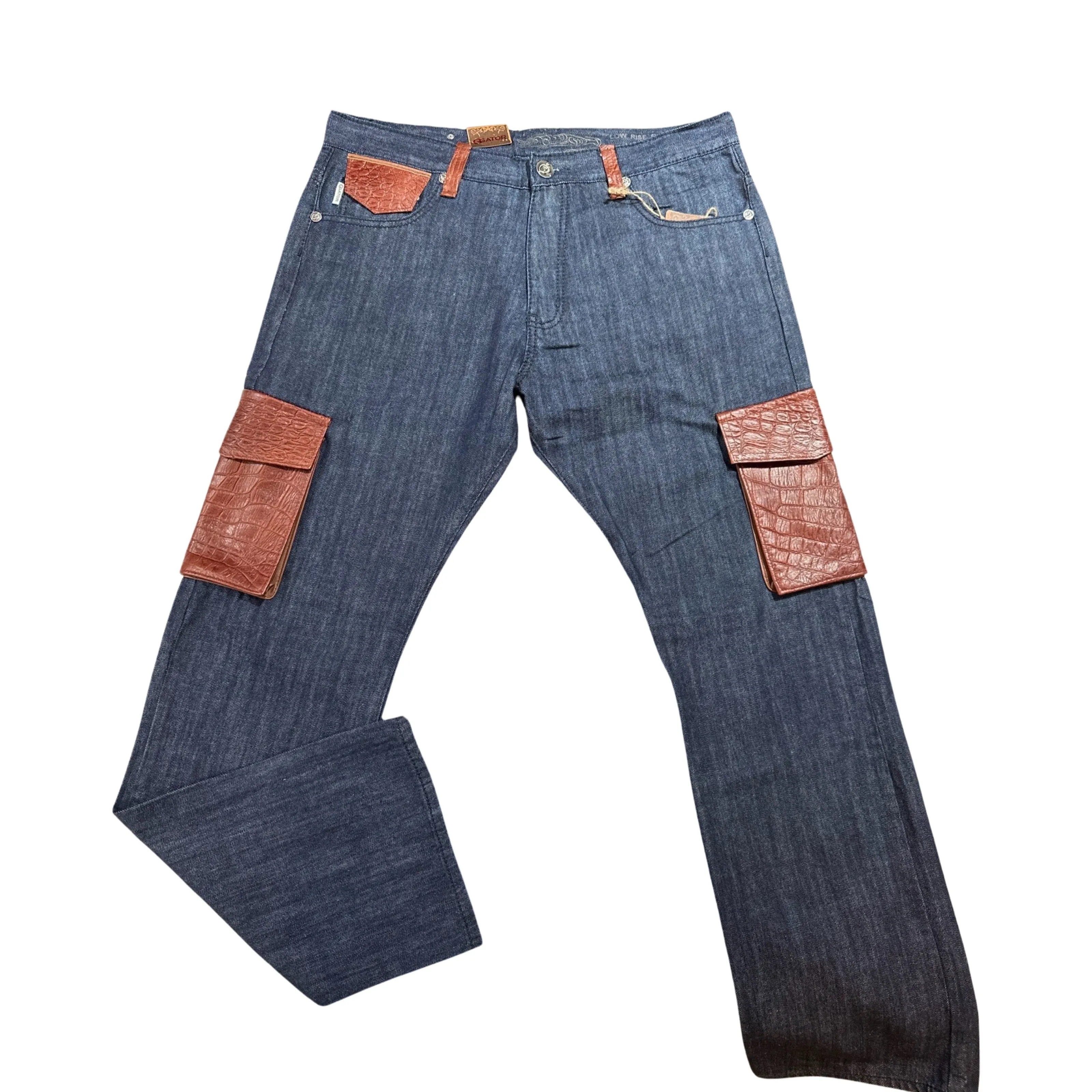 Kashani Denim Cargo Jeans w/ Cognac Alligator Embossed Pockets