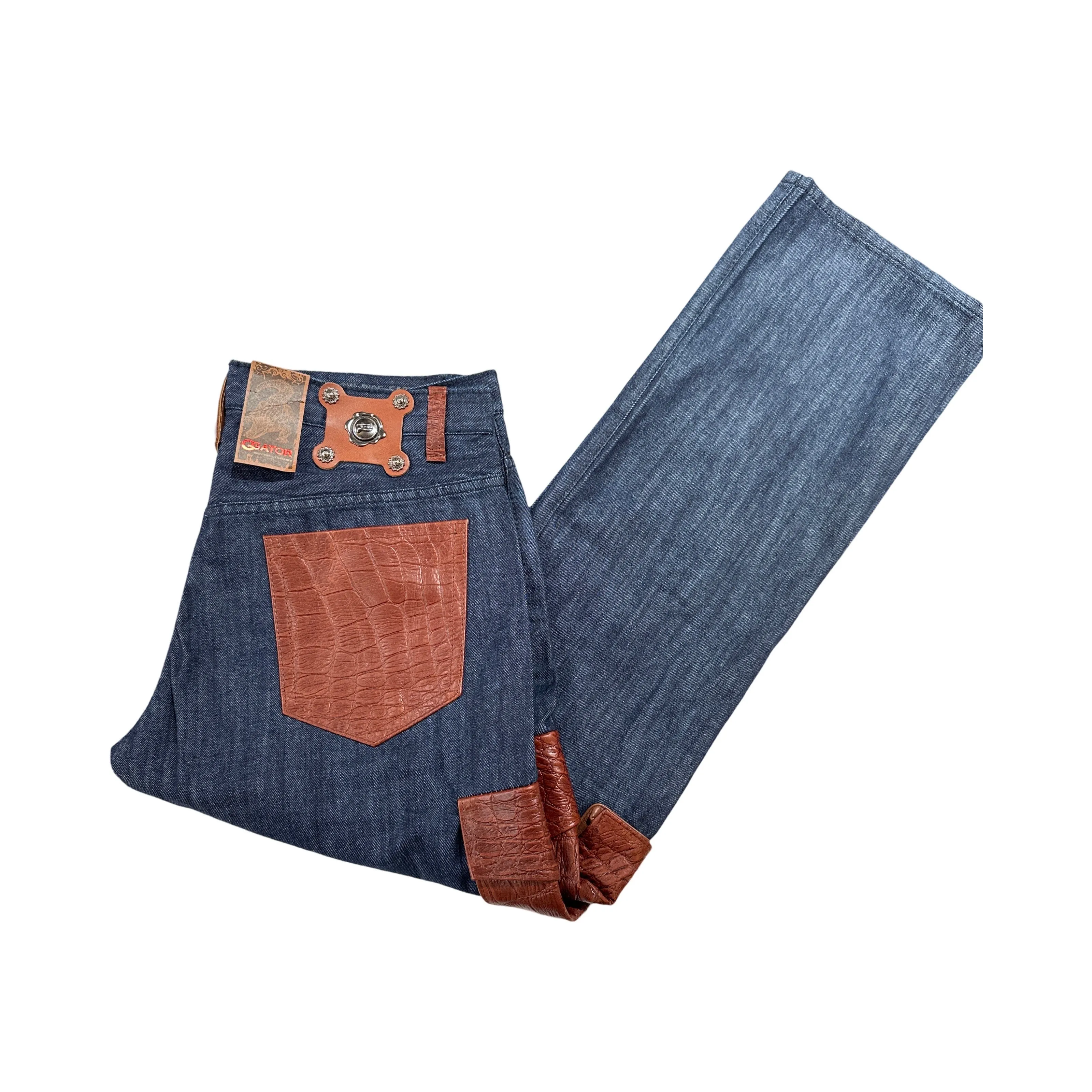 Kashani Denim Cargo Jeans w/ Cognac Alligator Embossed Pockets