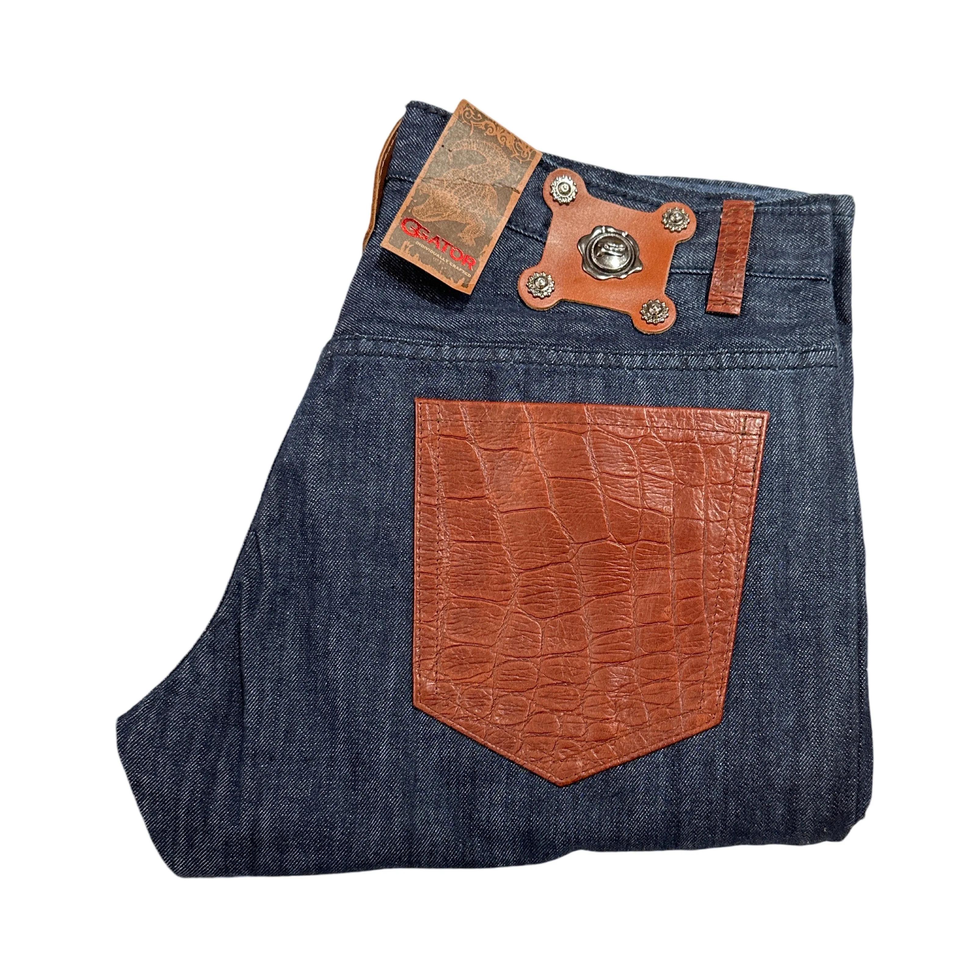 Kashani Denim Cargo Jeans w/ Cognac Alligator Embossed Pockets