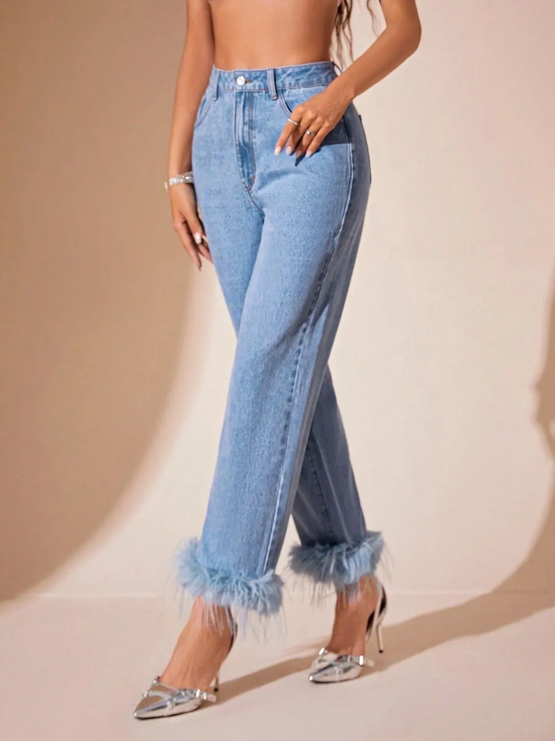 kesley fringe Hem High Rise Straight Jeans