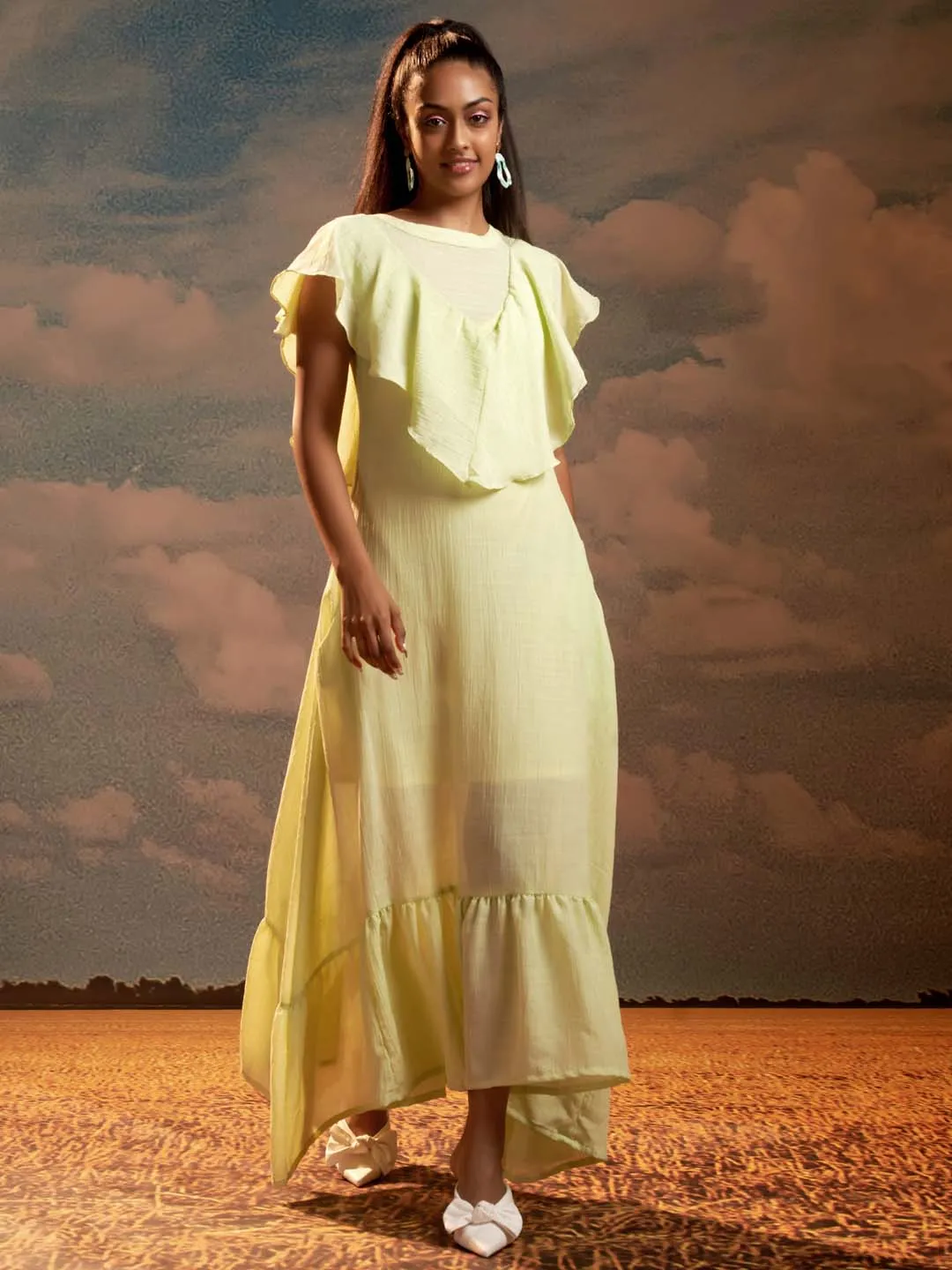 Lime Green Solid Poly Viscose Flared Maxi Dress
