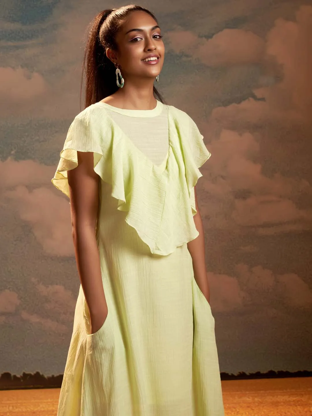 Lime Green Solid Poly Viscose Flared Maxi Dress