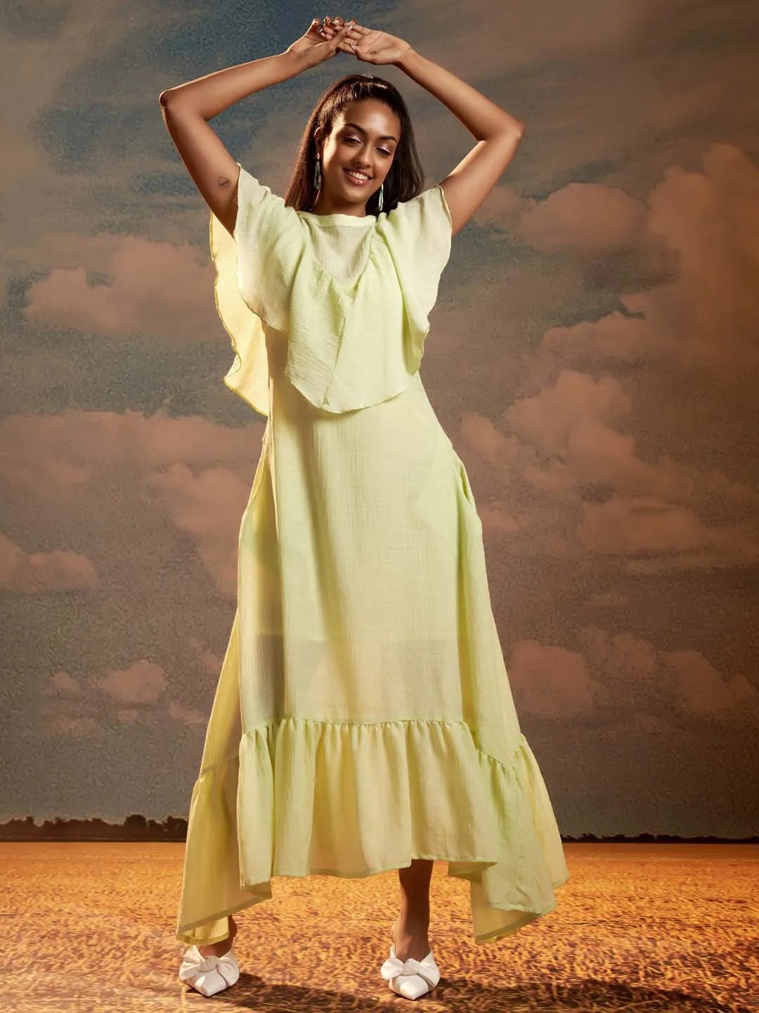 Lime Green Solid Poly Viscose Flared Maxi Dress