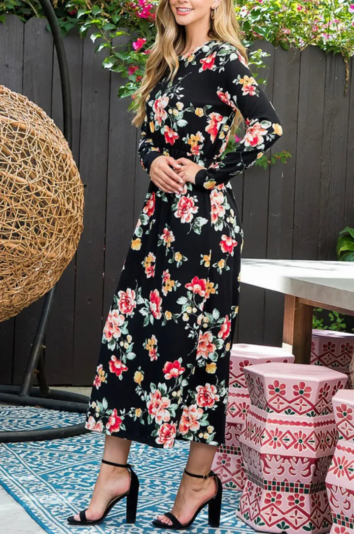 Long Sleeve Rose Floral Maxi Dress Style 7956 in Black