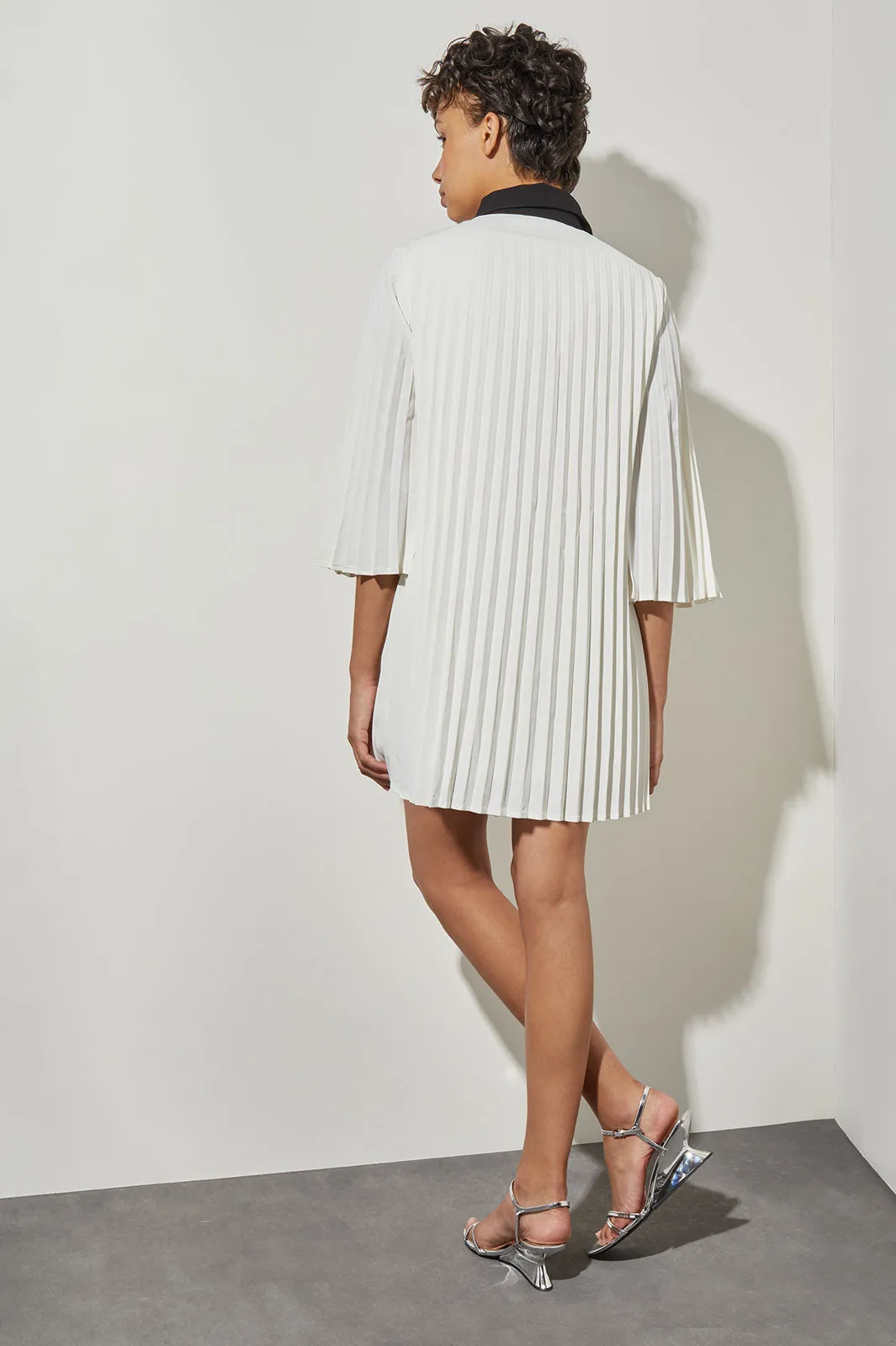 Mini Pleated Shift Dress - Contrast Trim Crepe de Chine