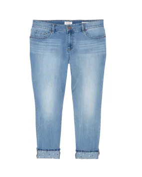 Naomi Rolled Ankle Jean with Pearl Embellishments | Light Wash