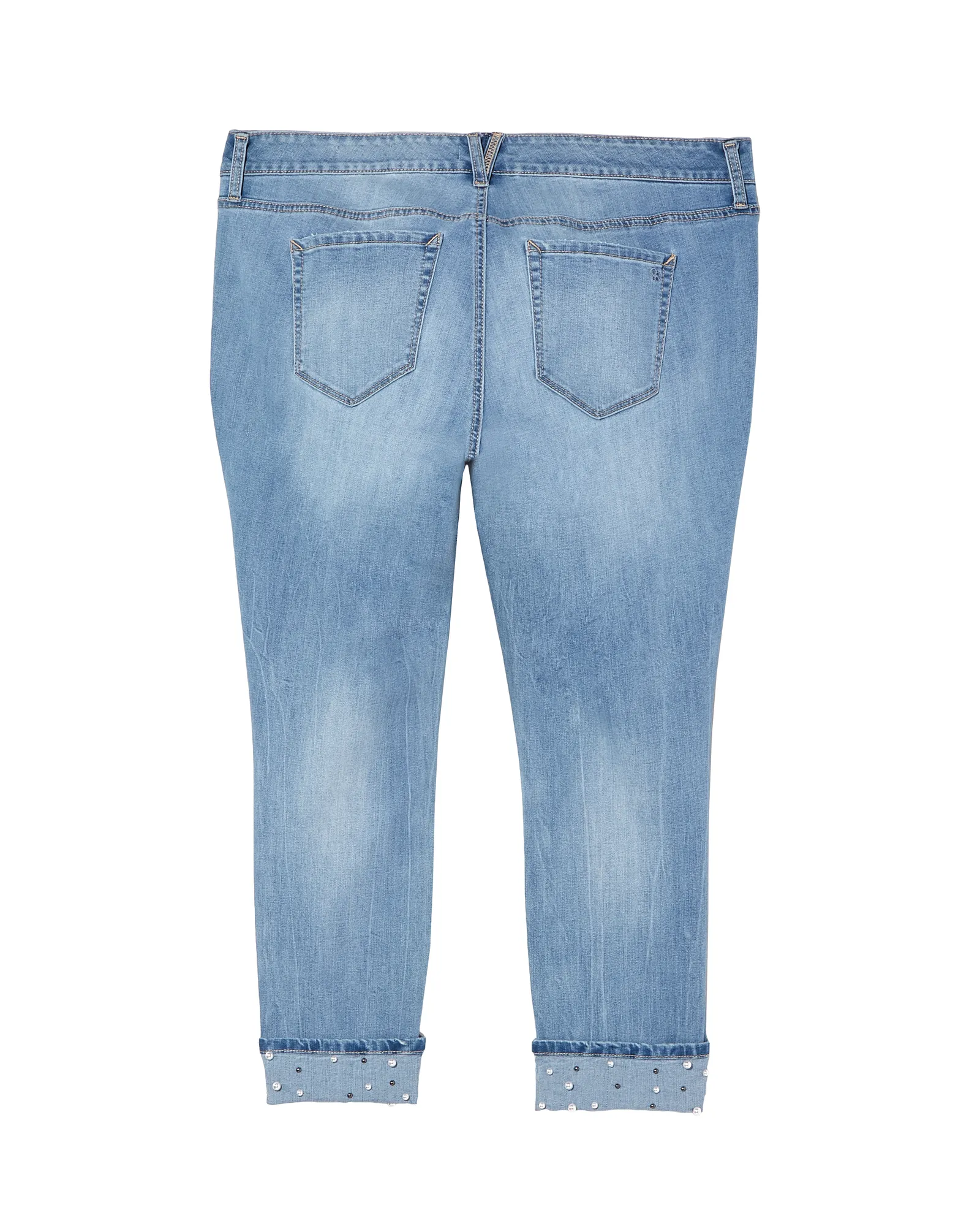 Naomi Rolled Ankle Jean with Pearl Embellishments | Light Wash