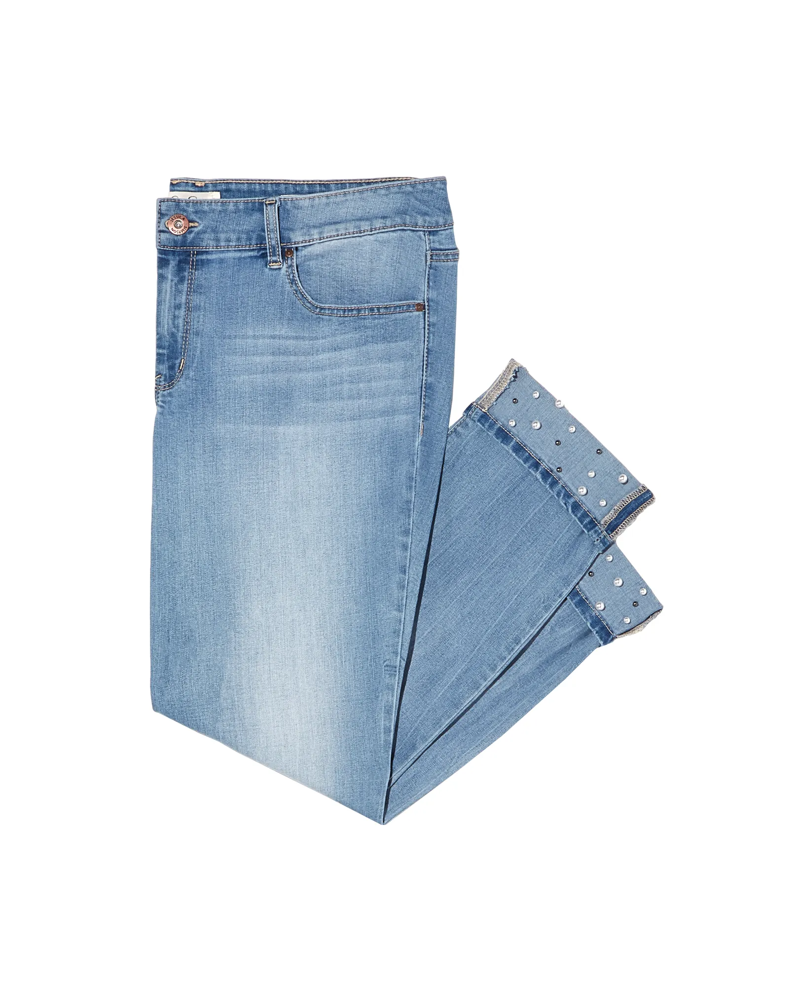 Naomi Rolled Ankle Jean with Pearl Embellishments | Light Wash