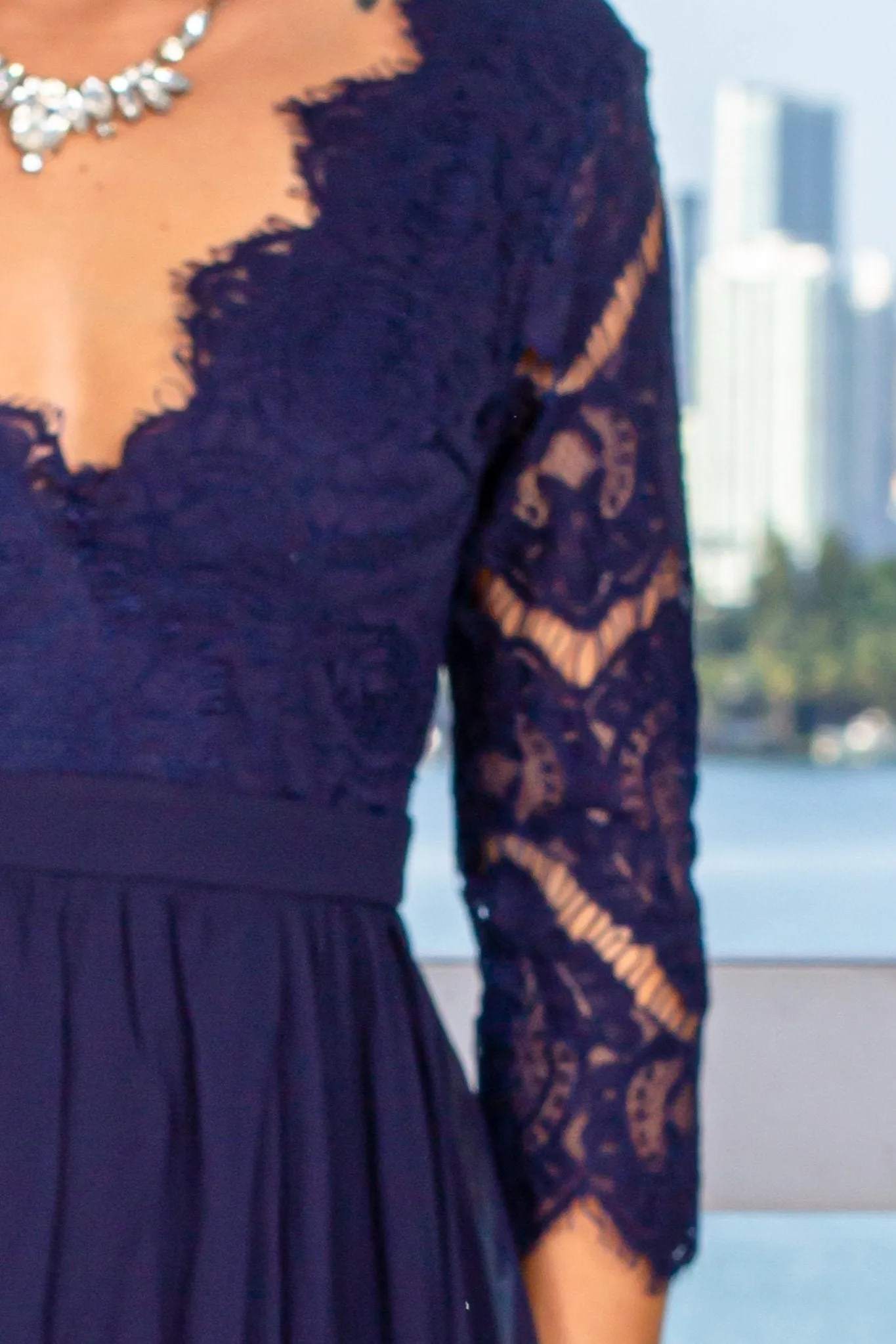 Navy Maxi Dress with Side Slit and 3/4 Sleeves