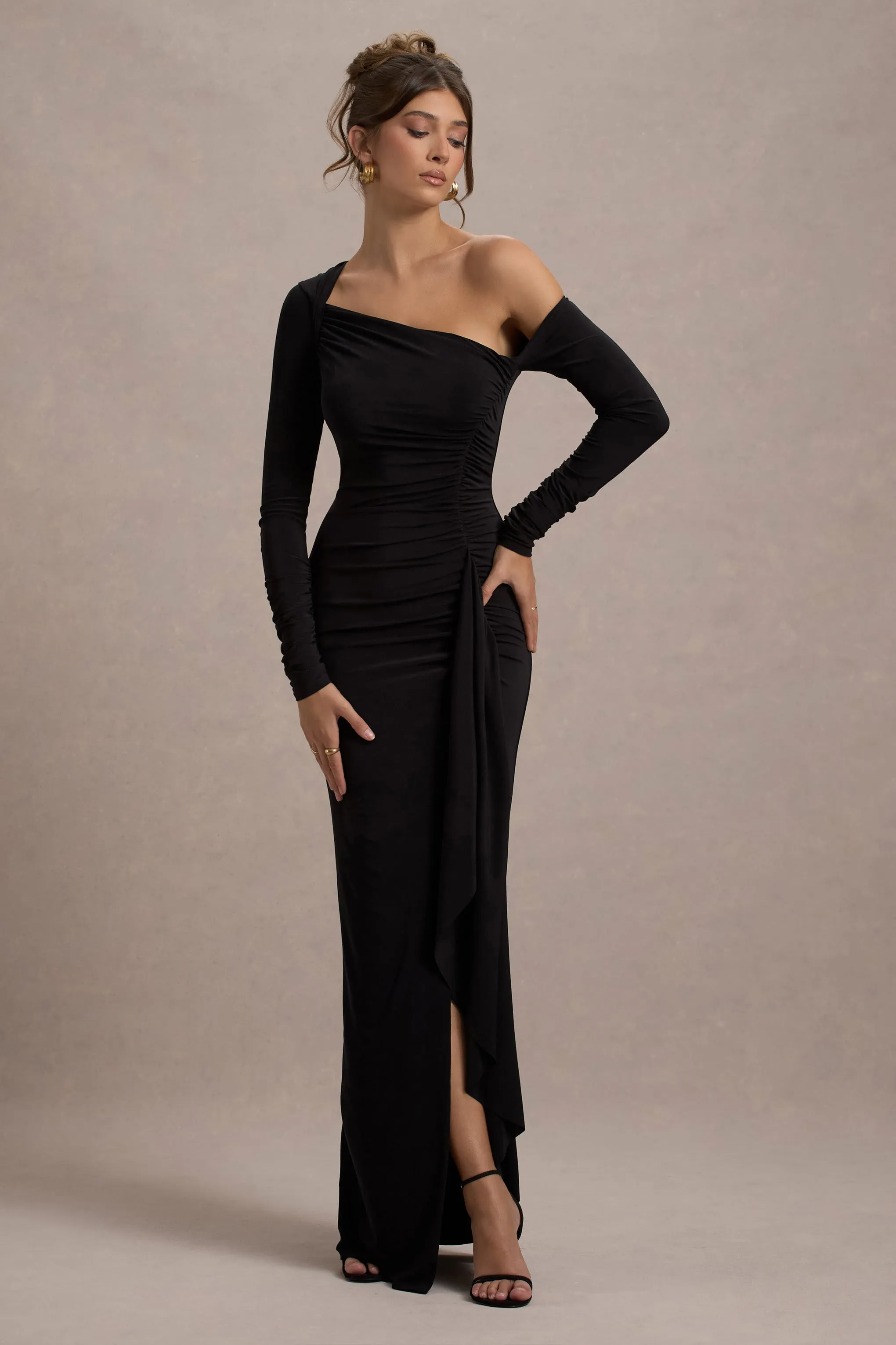 Nerina | Black Asymmetric Long-Sleeve Split Maxi Dress