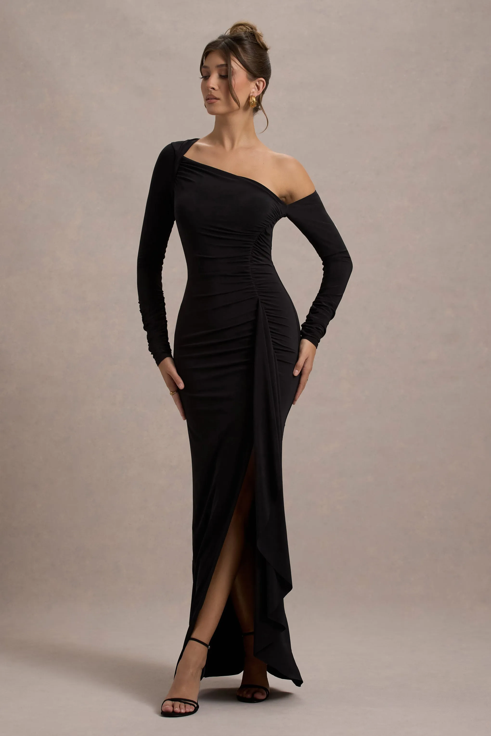 Nerina | Black Asymmetric Long-Sleeve Split Maxi Dress