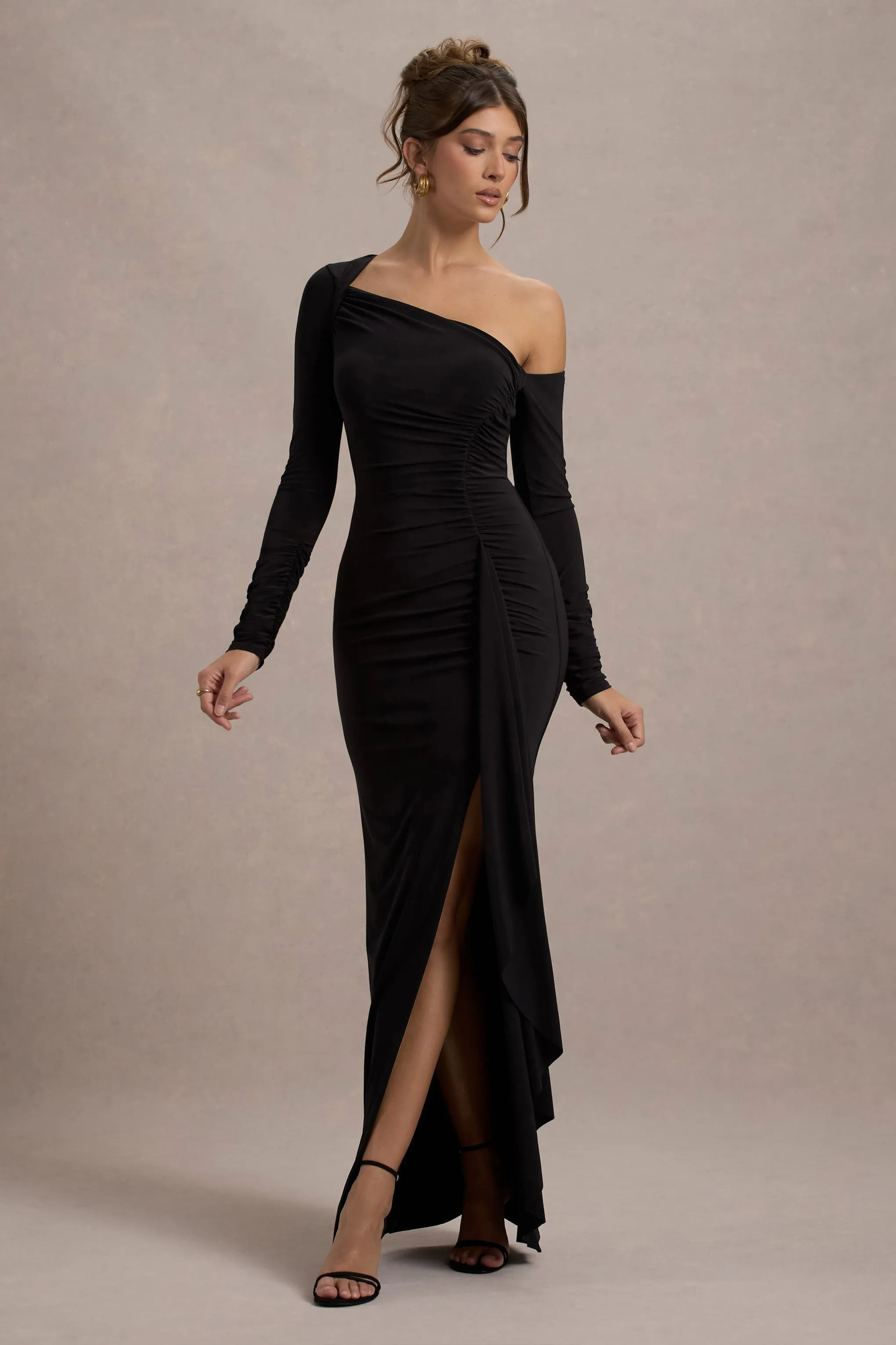 Nerina | Black Asymmetric Long-Sleeve Split Maxi Dress