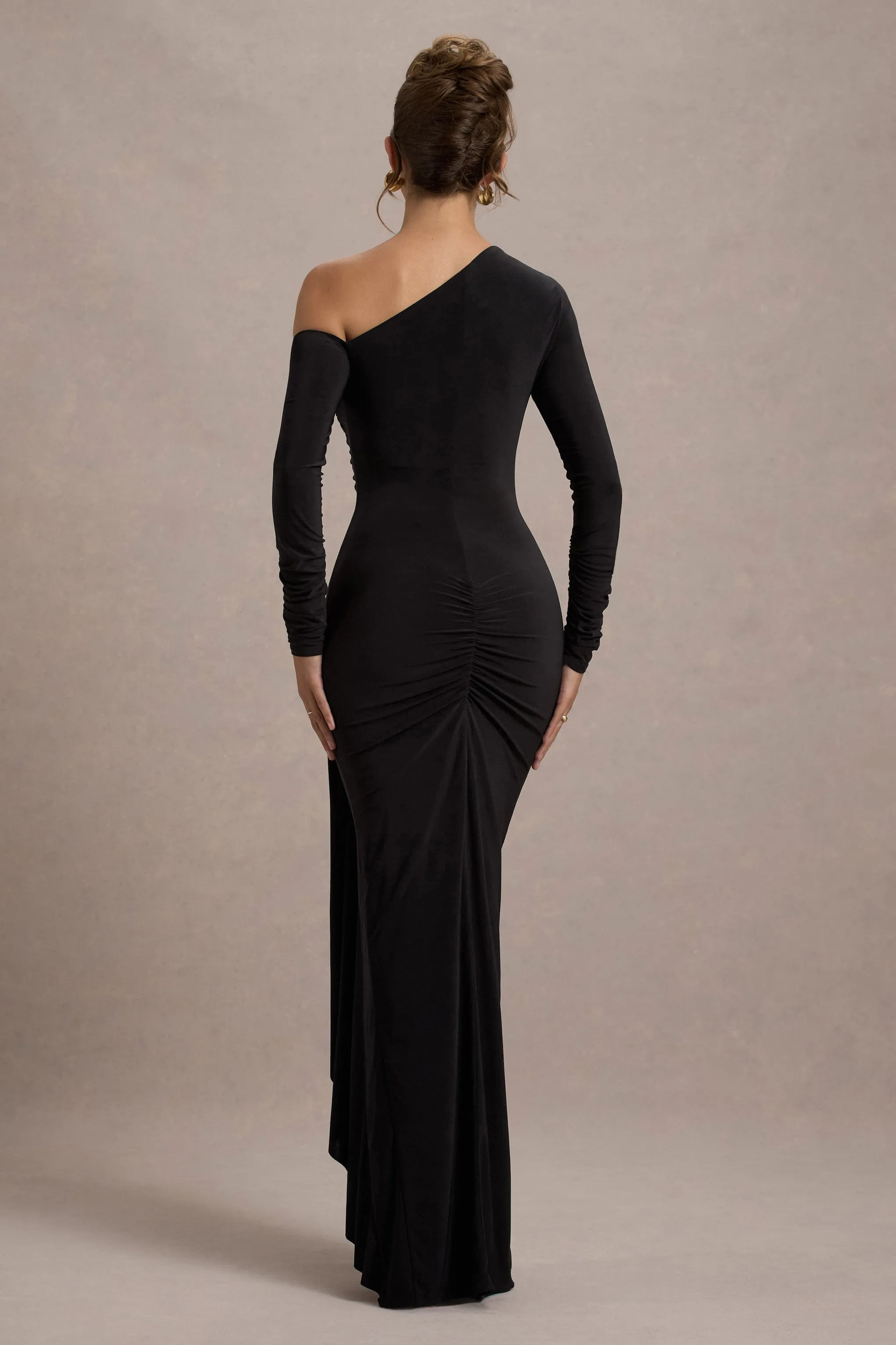 Nerina | Black Asymmetric Long-Sleeve Split Maxi Dress