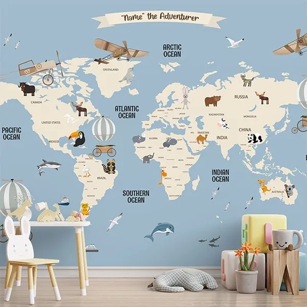 Pastel Blue Kids Room World Map Wallpaper