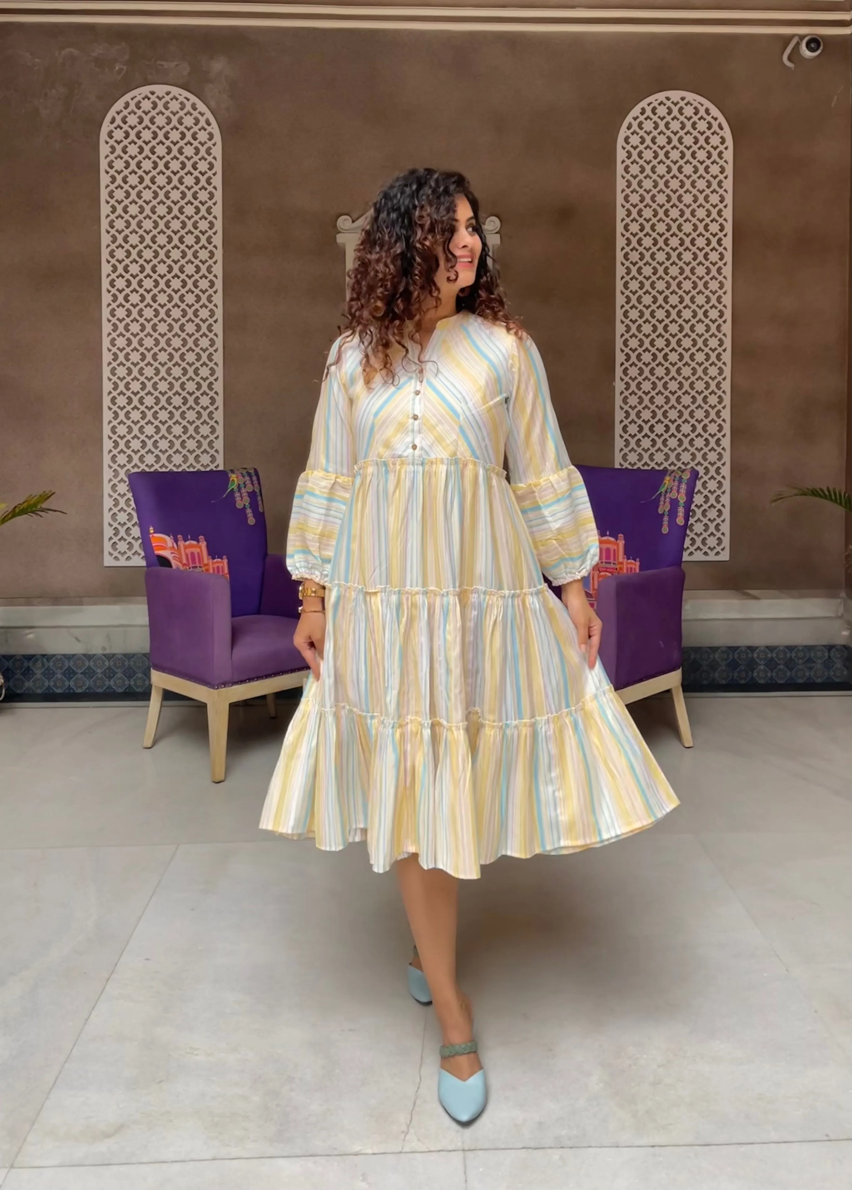Pastel Blue Stripes Cotton Maxi Dress