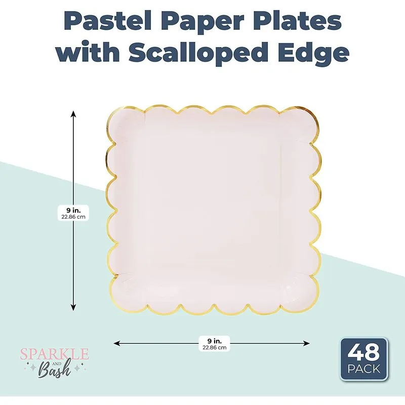 Pastel Paper Plates with Scalloped Gold Foil (9 Inches, 48 Pack)