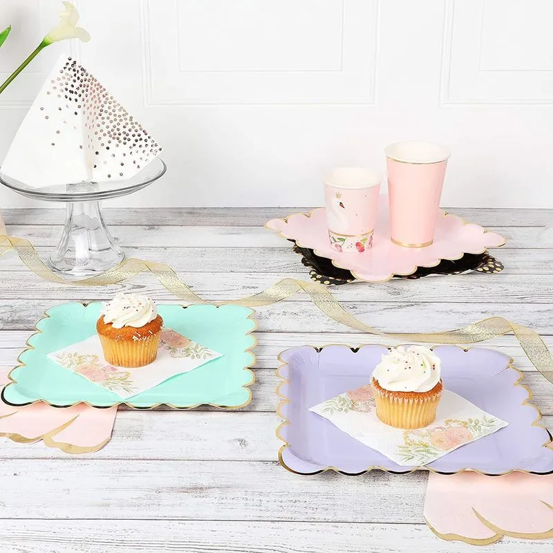 Pastel Paper Plates with Scalloped Gold Foil (9 Inches, 48 Pack)
