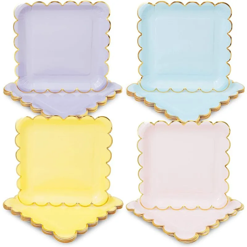 Pastel Paper Plates with Scalloped Gold Foil (9 Inches, 48 Pack)