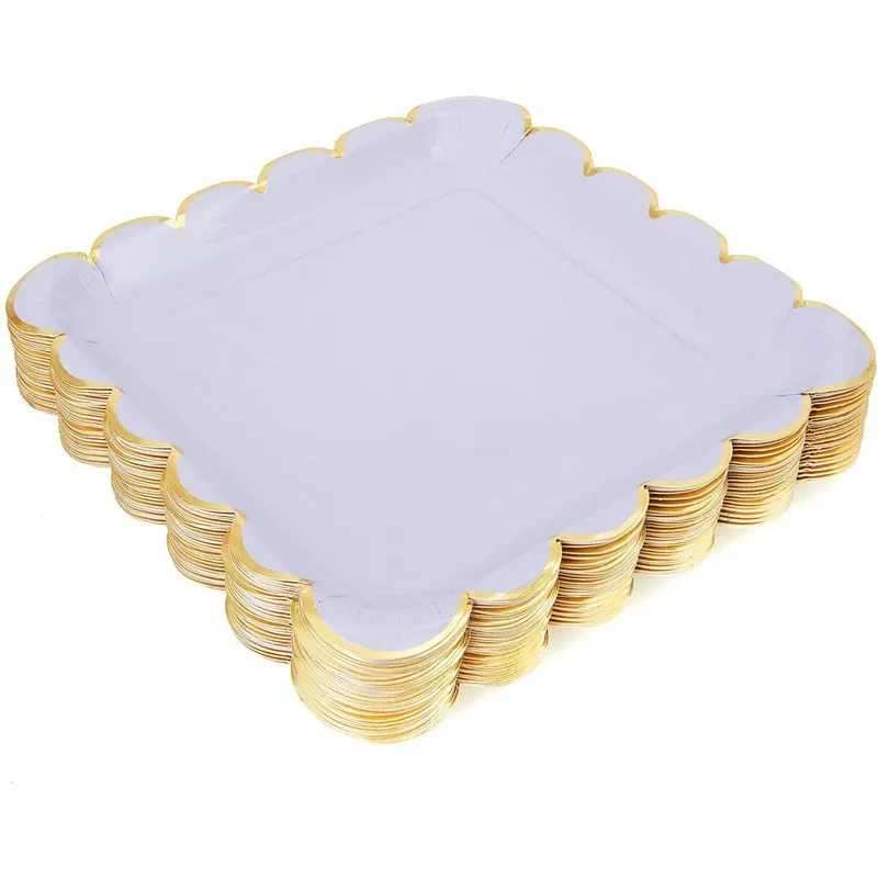 Pastel Purple Square Paper Plates, Gold Foil Scalloped Edge (9 In, 48 Pack)