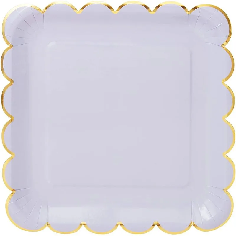 Pastel Purple Square Paper Plates, Gold Foil Scalloped Edge (9 In, 48 Pack)