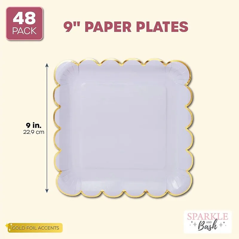 Pastel Purple Square Paper Plates, Gold Foil Scalloped Edge (9 In, 48 Pack)