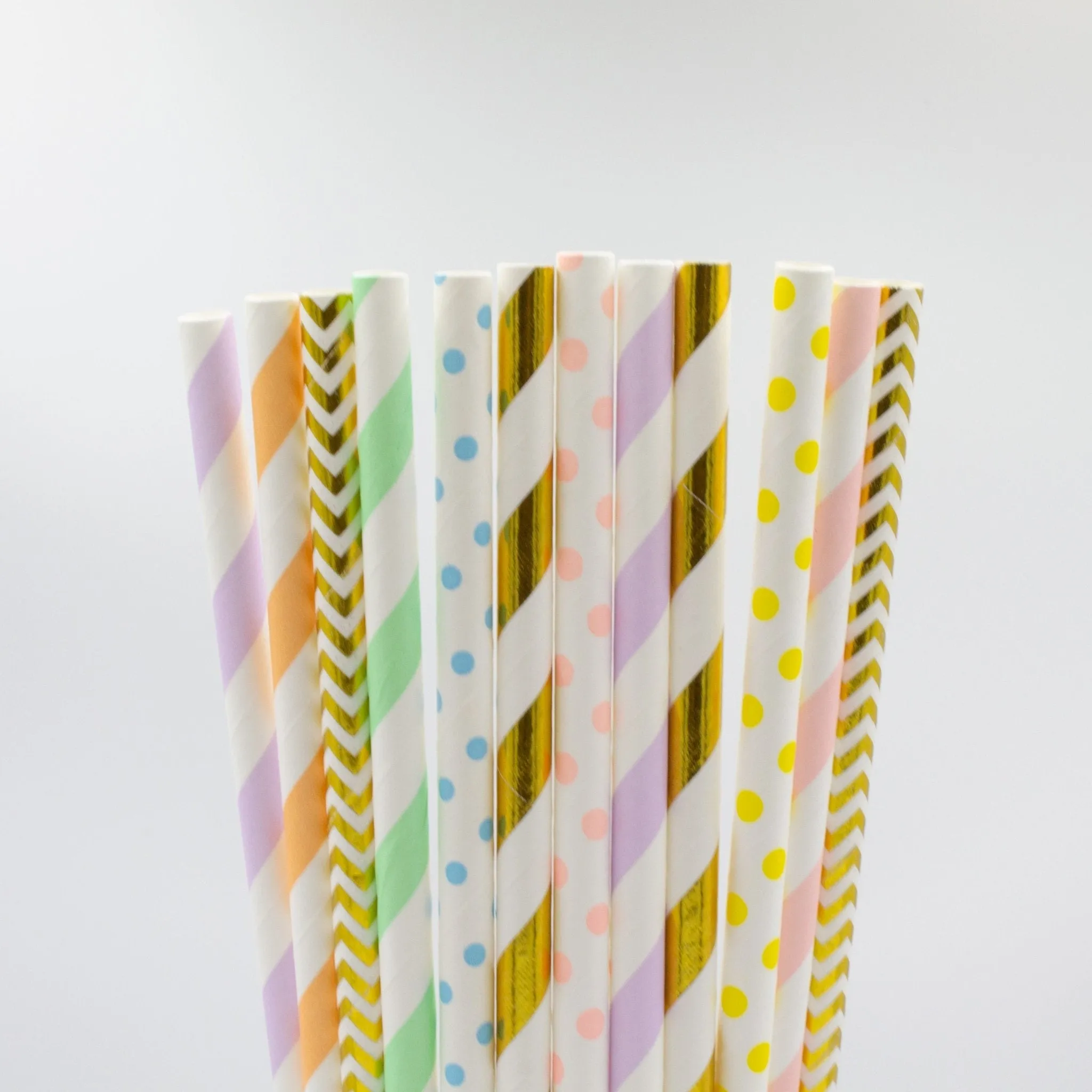 Pastel Rainbow Paper Straws in Pink, Orange, Yellow, Green, Blue, Purple, Gold (Set of 12)