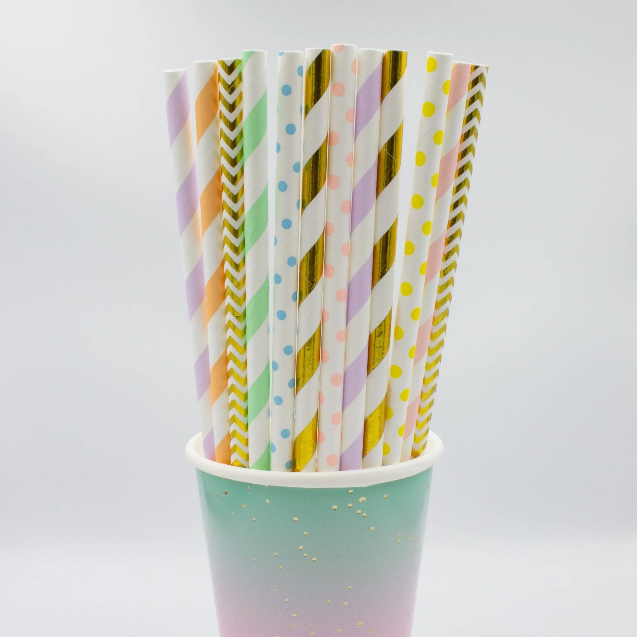 Pastel Rainbow Paper Straws in Pink, Orange, Yellow, Green, Blue, Purple, Gold (Set of 12)