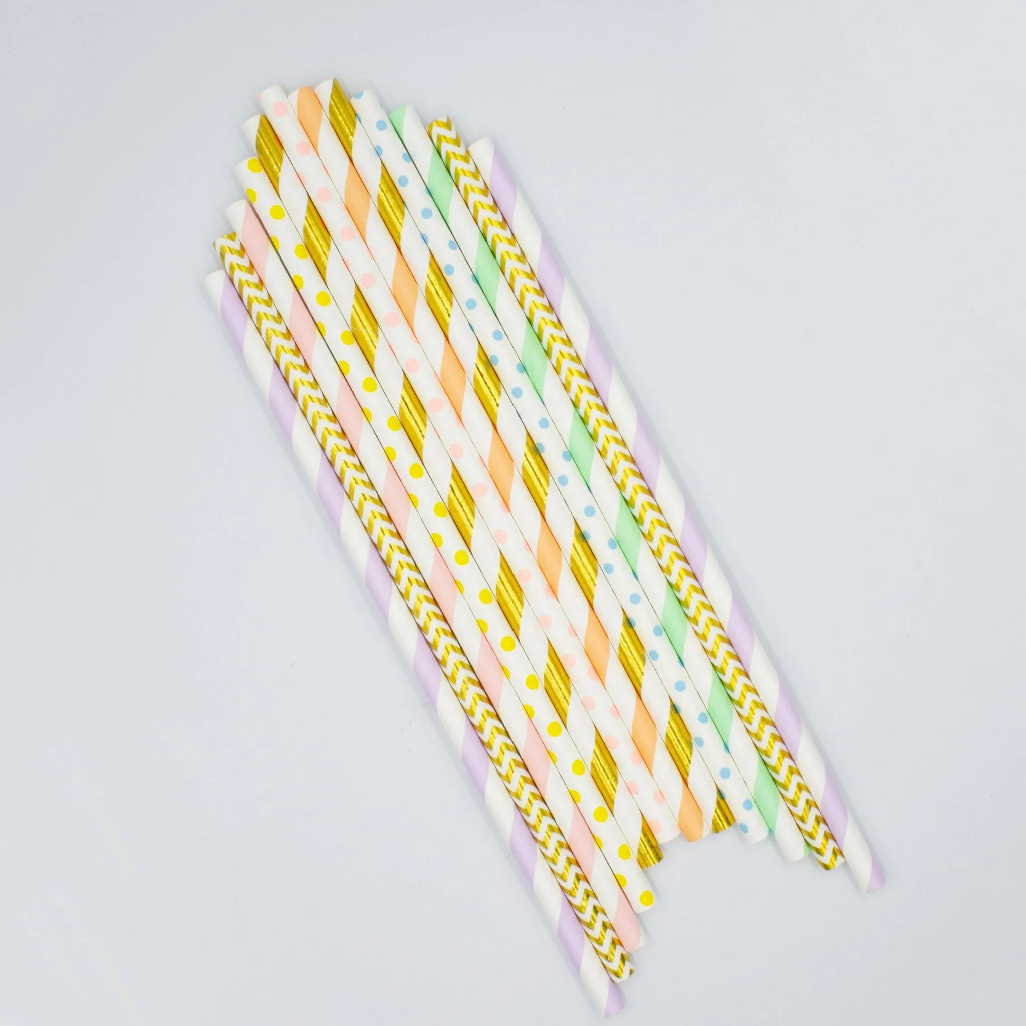 Pastel Rainbow Paper Straws in Pink, Orange, Yellow, Green, Blue, Purple, Gold (Set of 12)