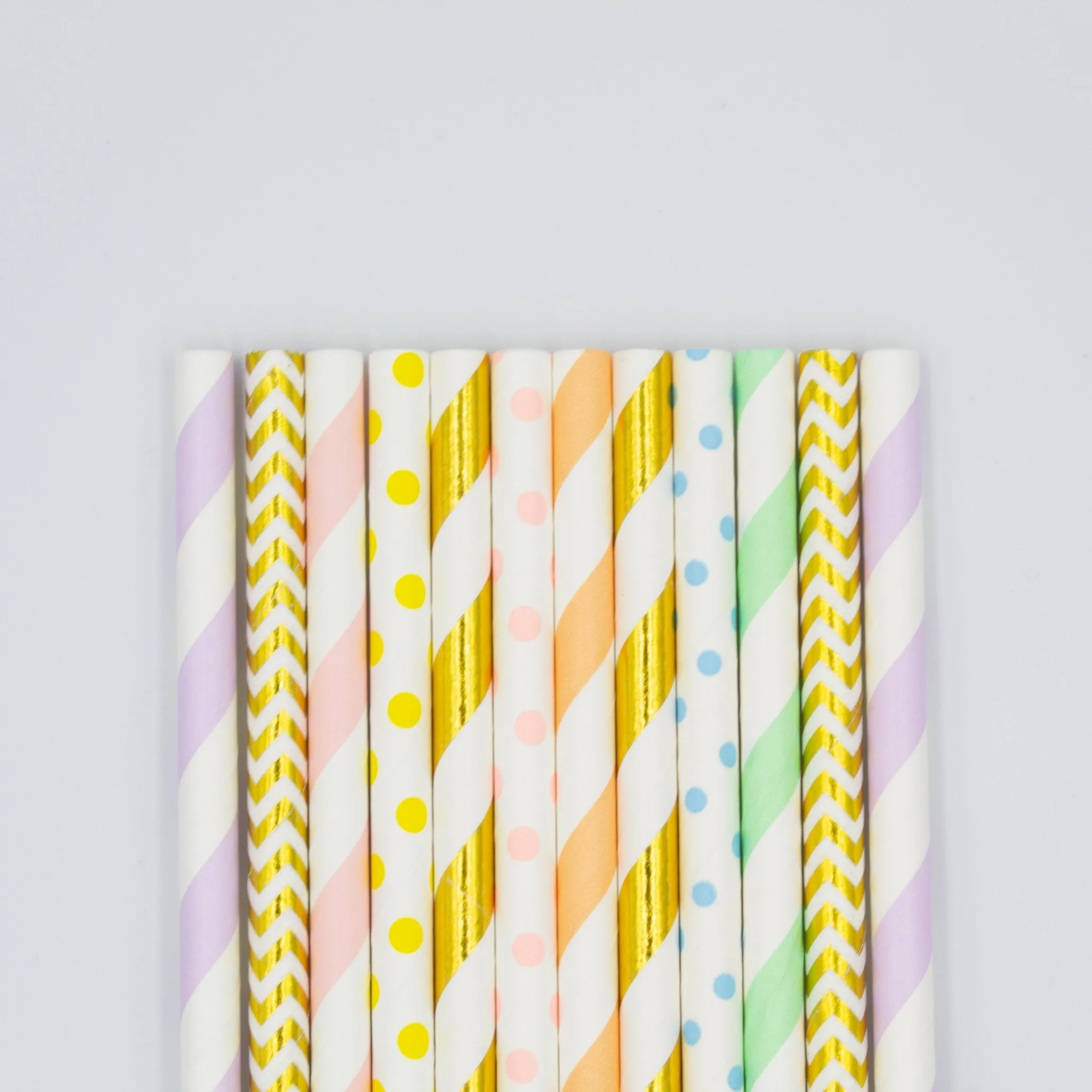 Pastel Rainbow Paper Straws in Pink, Orange, Yellow, Green, Blue, Purple, Gold (Set of 12)