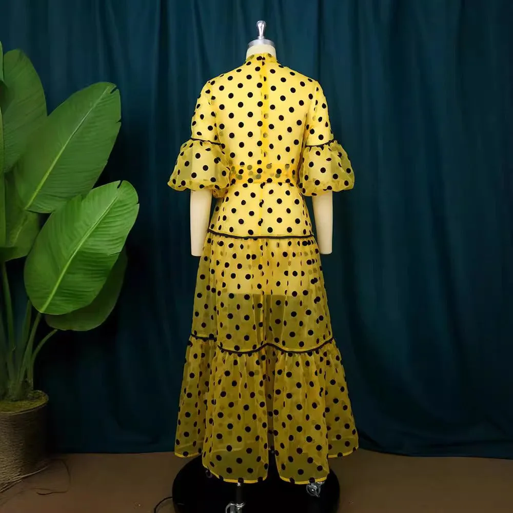 Pre Order:  Casual Polka Dots Lantern Sleeve Maxi Dress