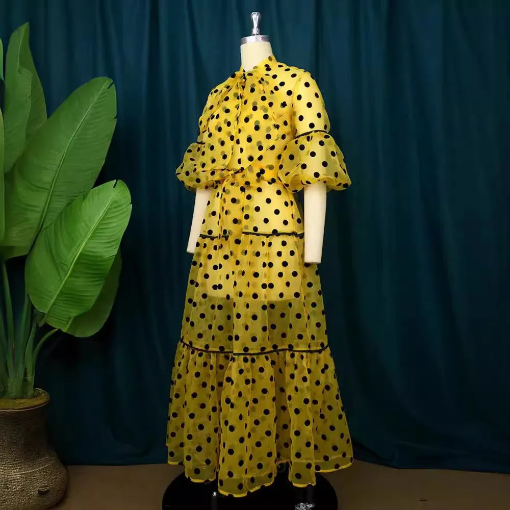 Pre Order:  Casual Polka Dots Lantern Sleeve Maxi Dress