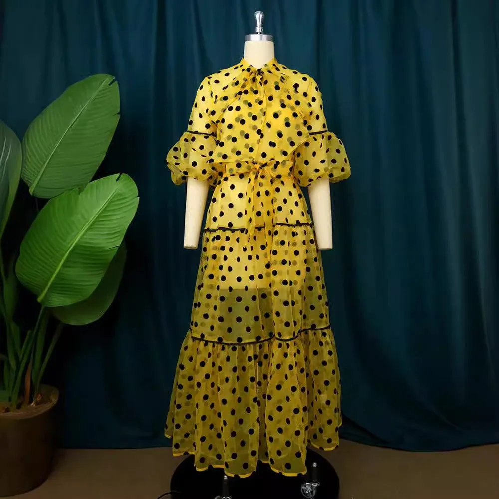 Pre Order:  Casual Polka Dots Lantern Sleeve Maxi Dress