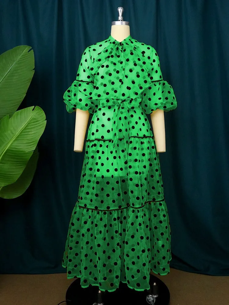 Pre Order:  Casual Polka Dots Lantern Sleeve Maxi Dress
