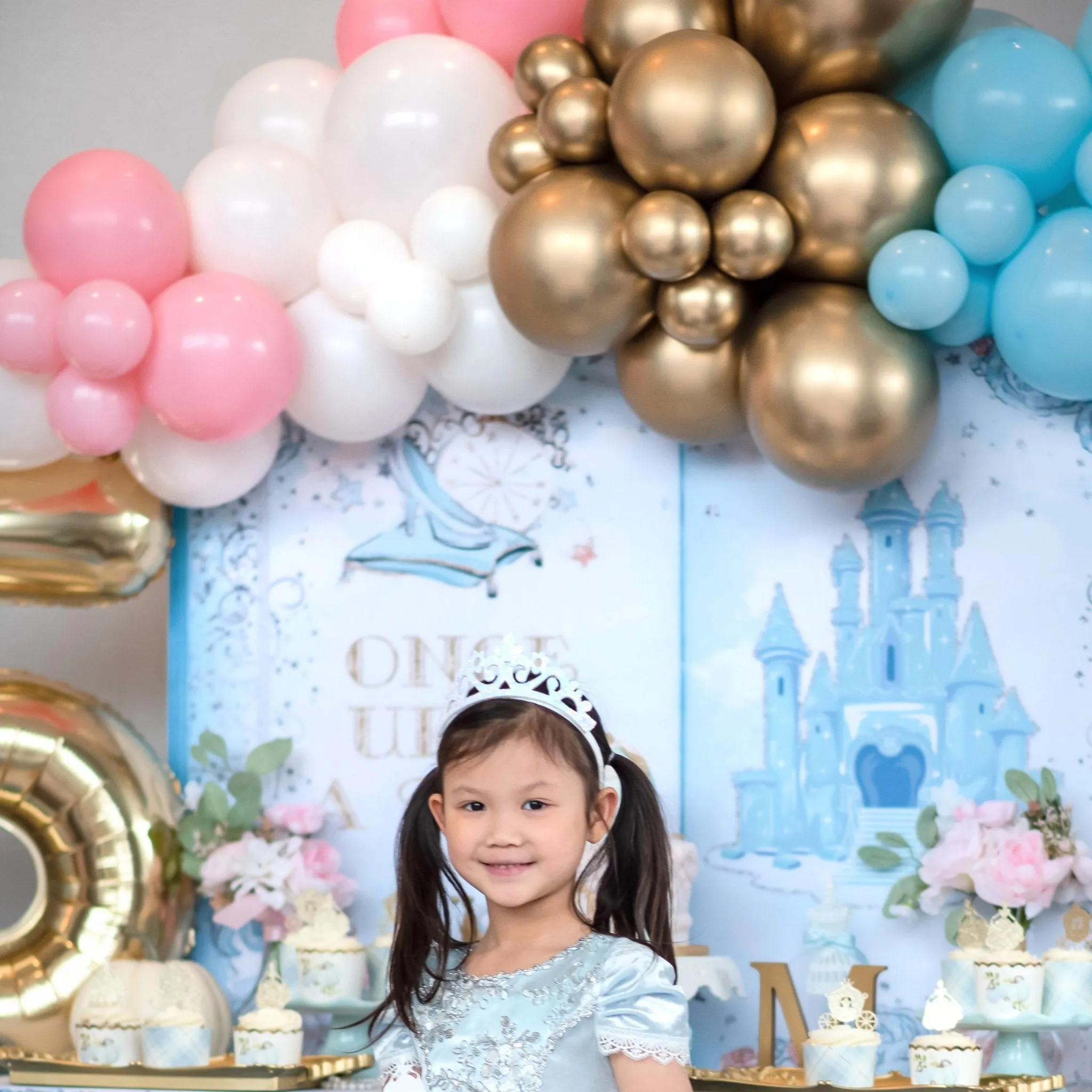 Princess Balloon Arch - Pink Blue White Gold Balloon Garland Kit