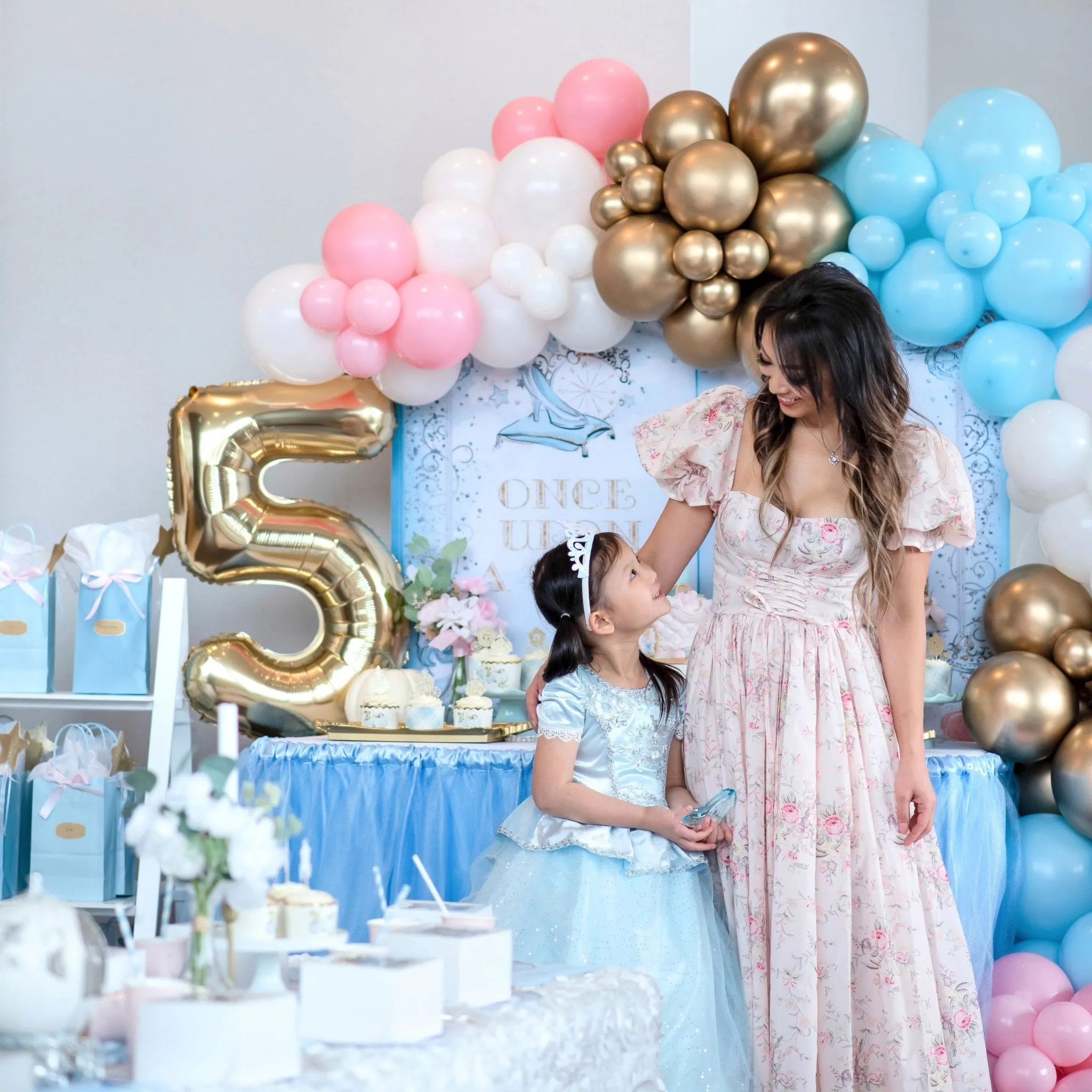 Princess Balloon Arch - Pink Blue White Gold Balloon Garland Kit