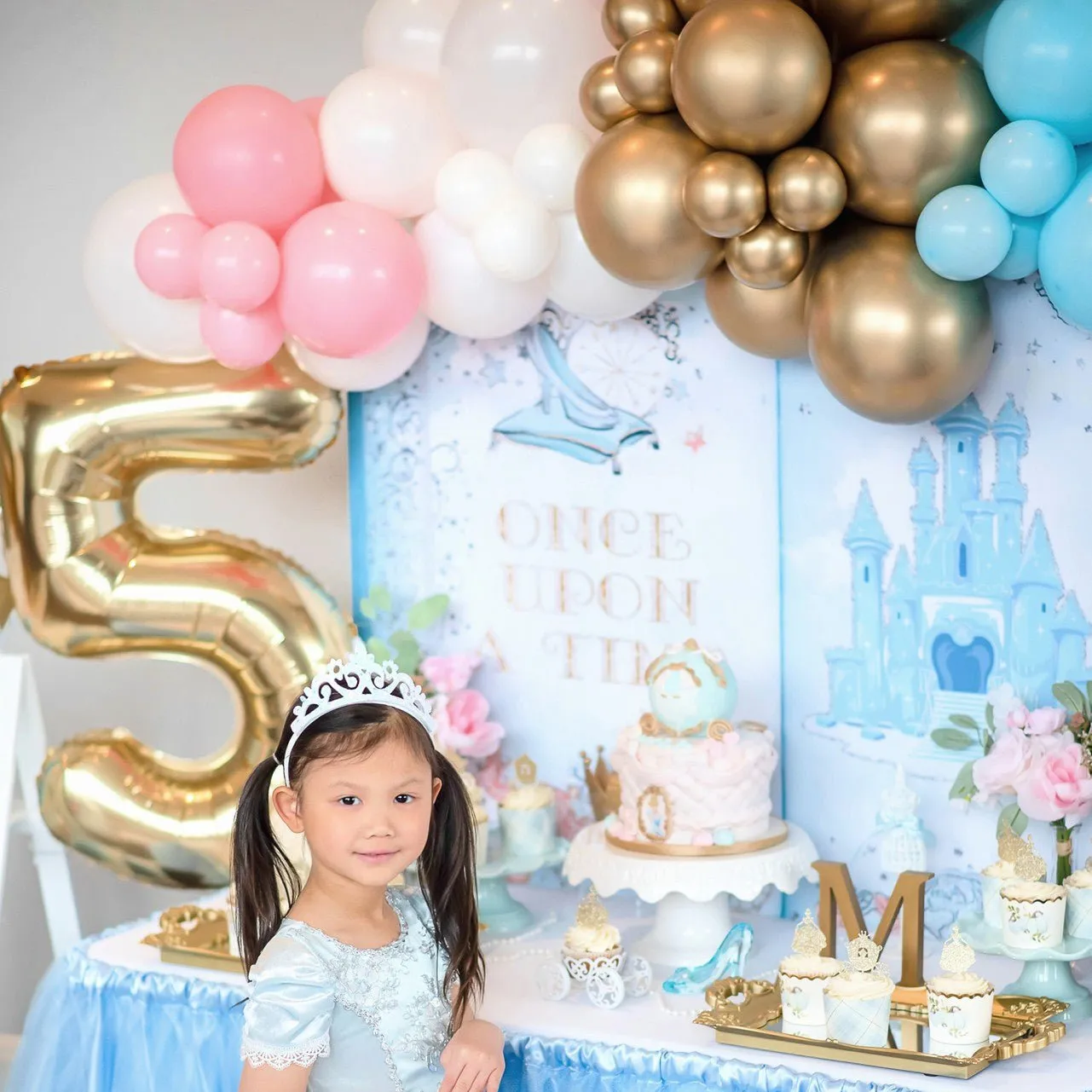 Princess Balloon Arch - Pink Blue White Gold Balloon Garland Kit