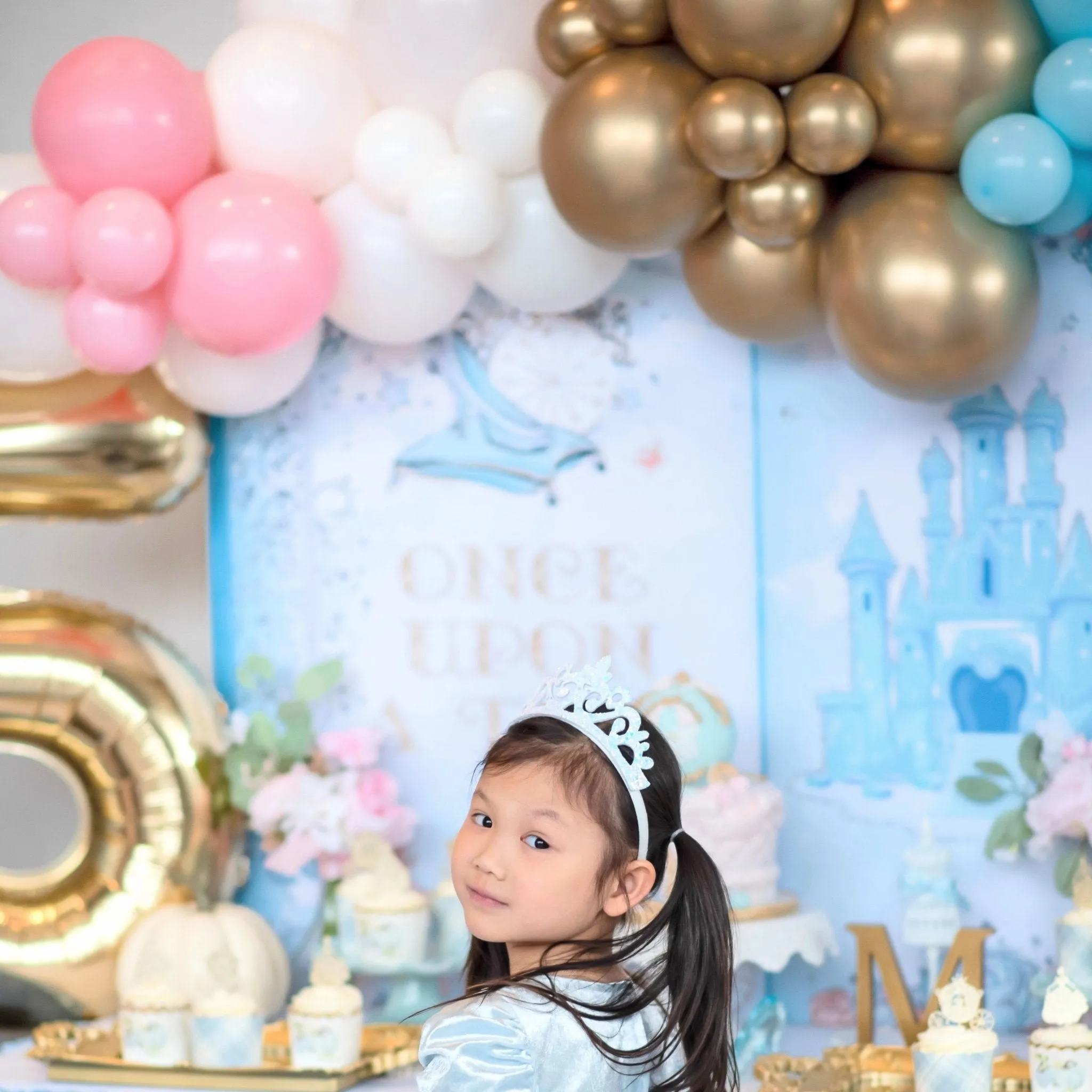 Princess Balloon Arch - Pink Blue White Gold Balloon Garland Kit