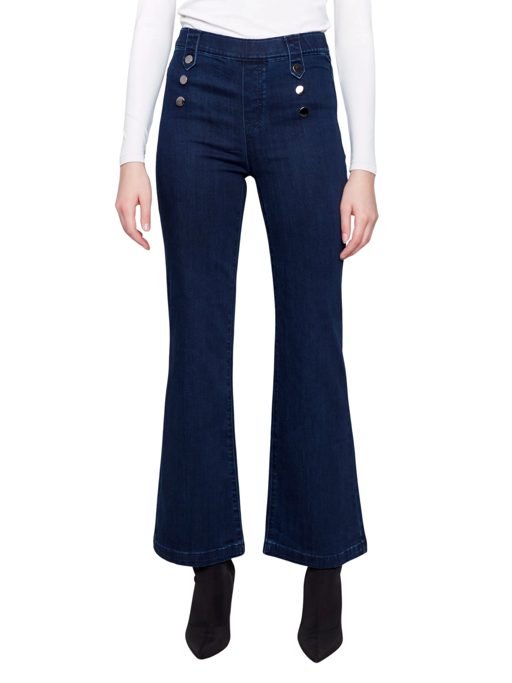 Pull-On Flare Jeans with Front Buttons