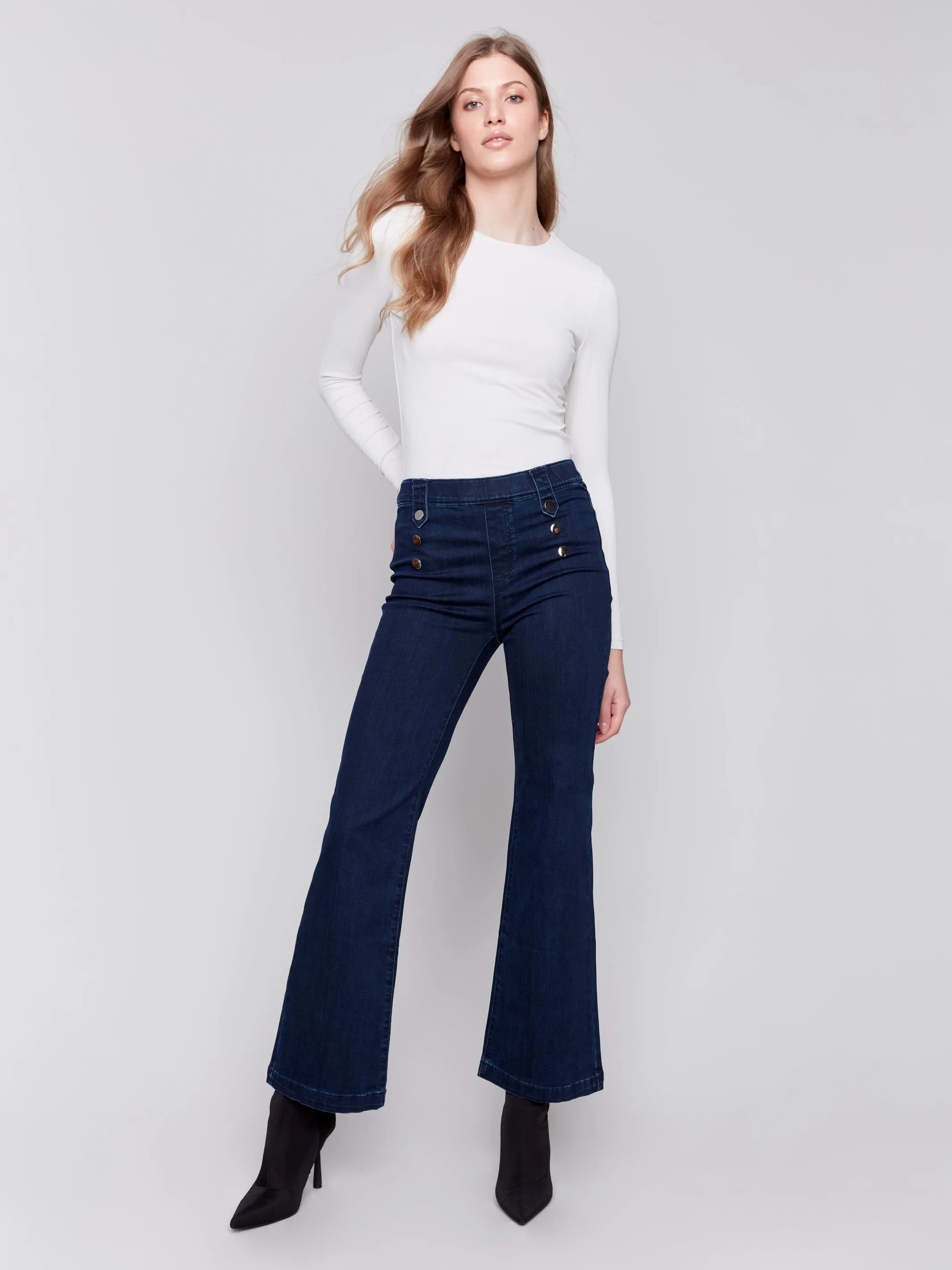 Pull-On Flare Jeans with Front Buttons