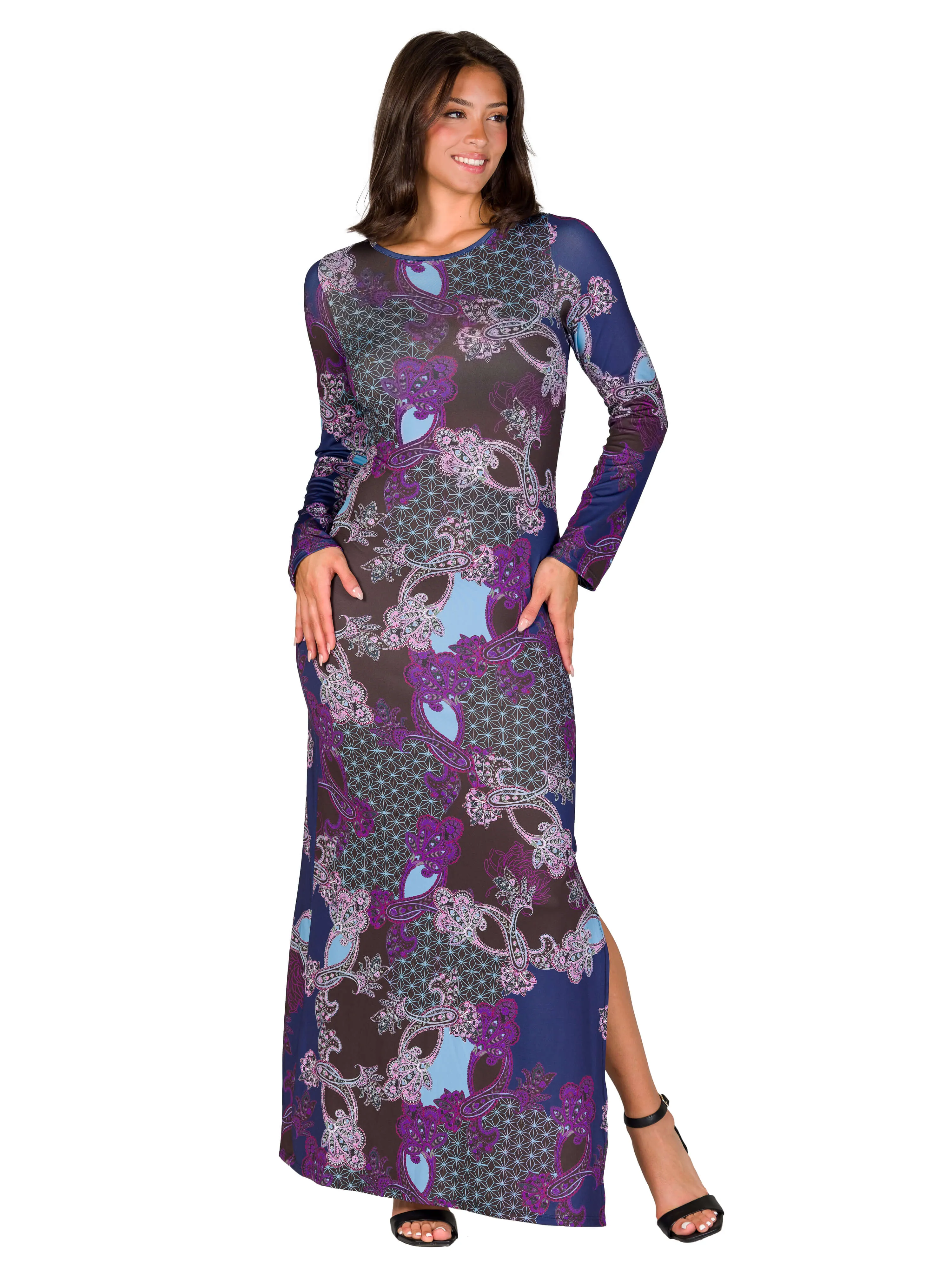 Purple Paisley Long Sleeve Side Slit Fitted Maxi Dress