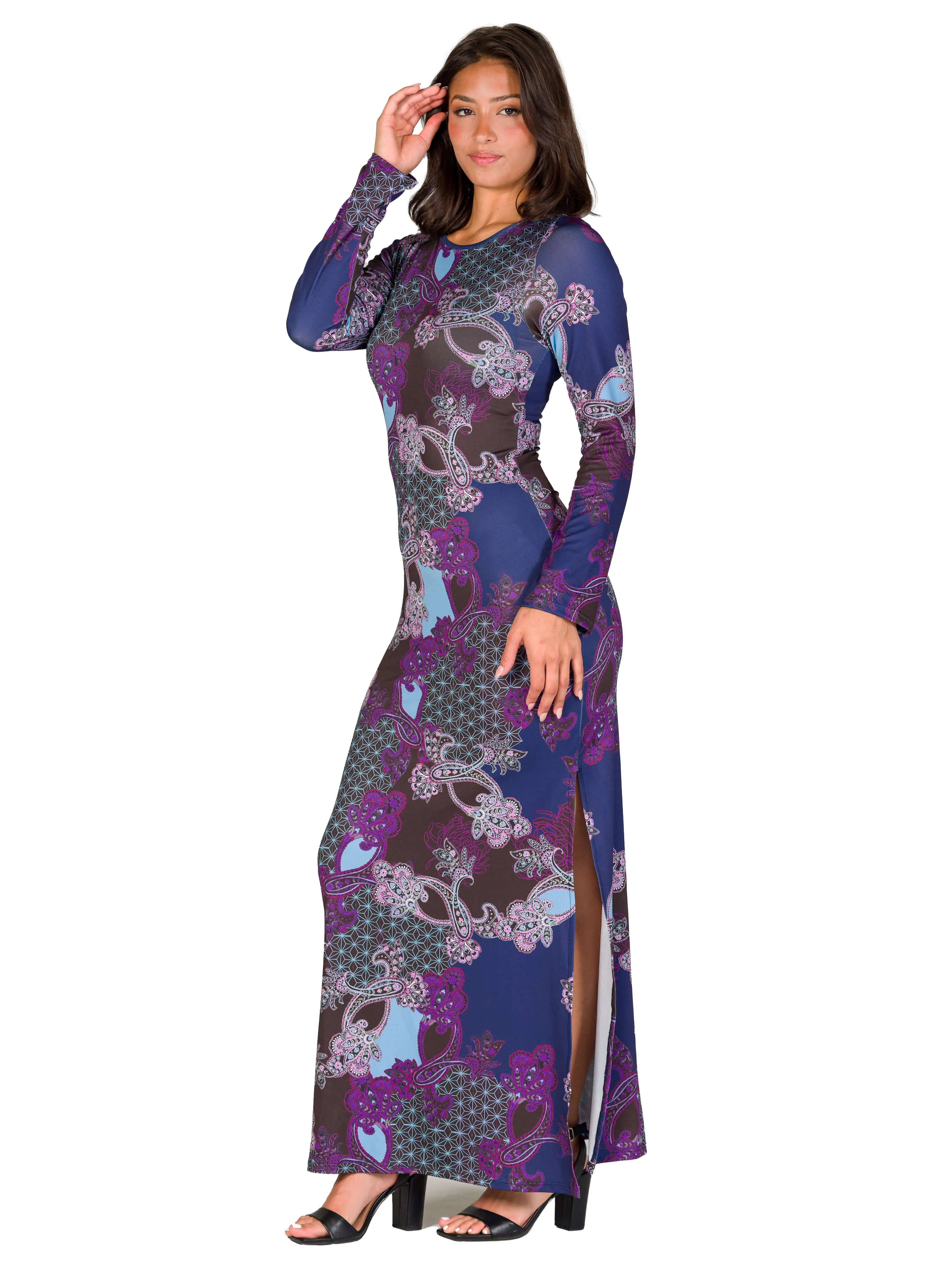 Purple Paisley Long Sleeve Side Slit Fitted Maxi Dress