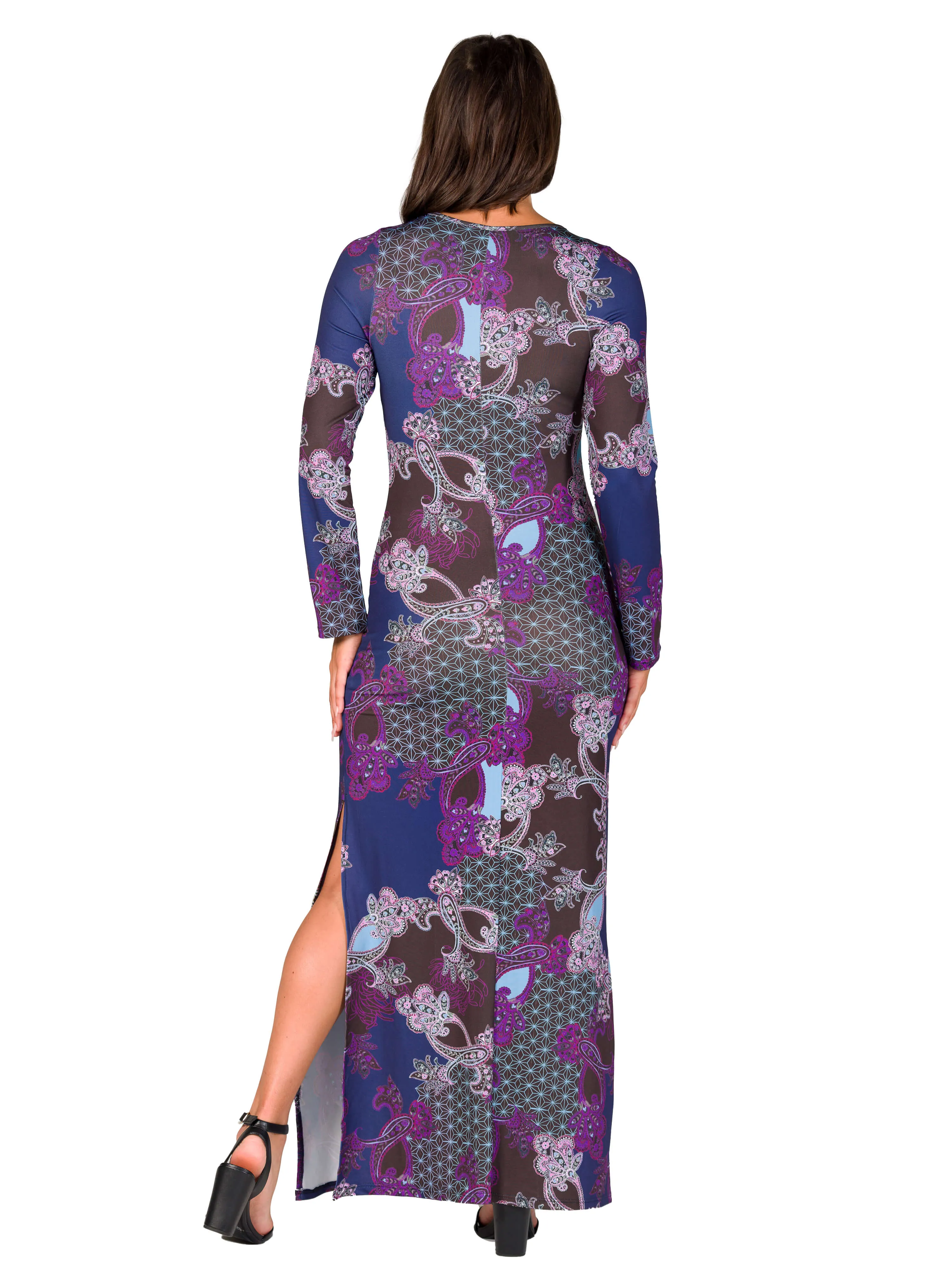 Purple Paisley Long Sleeve Side Slit Fitted Maxi Dress