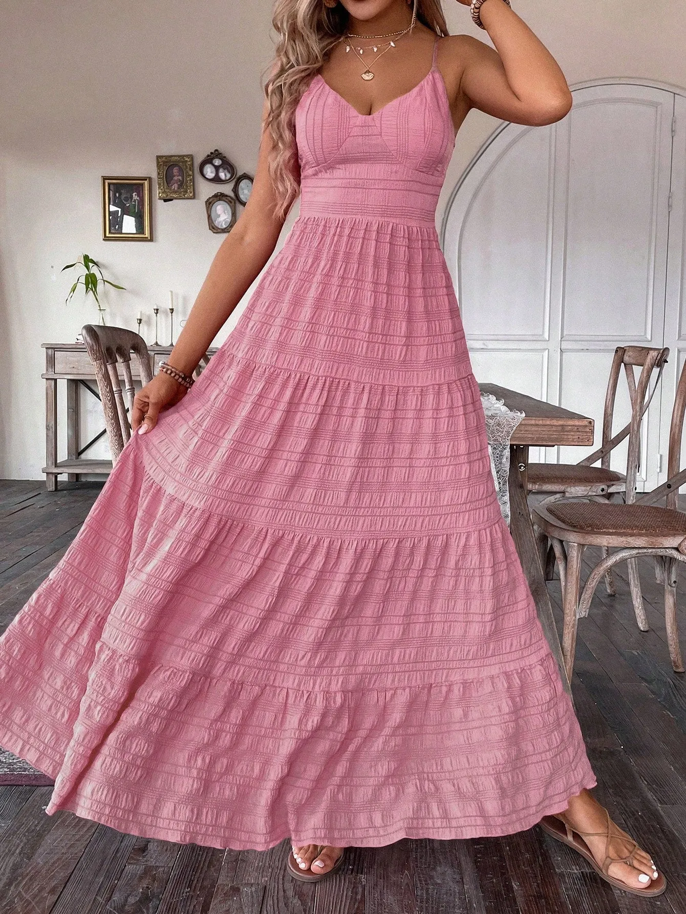 SHEIN VCAY Summer Vacation Solid Color Textured Strap Backless Maxi Dress