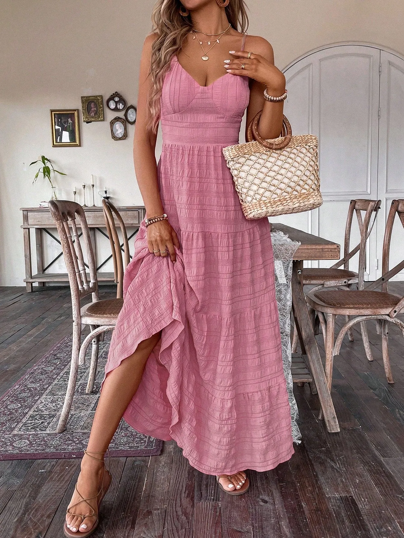 SHEIN VCAY Summer Vacation Solid Color Textured Strap Backless Maxi Dress