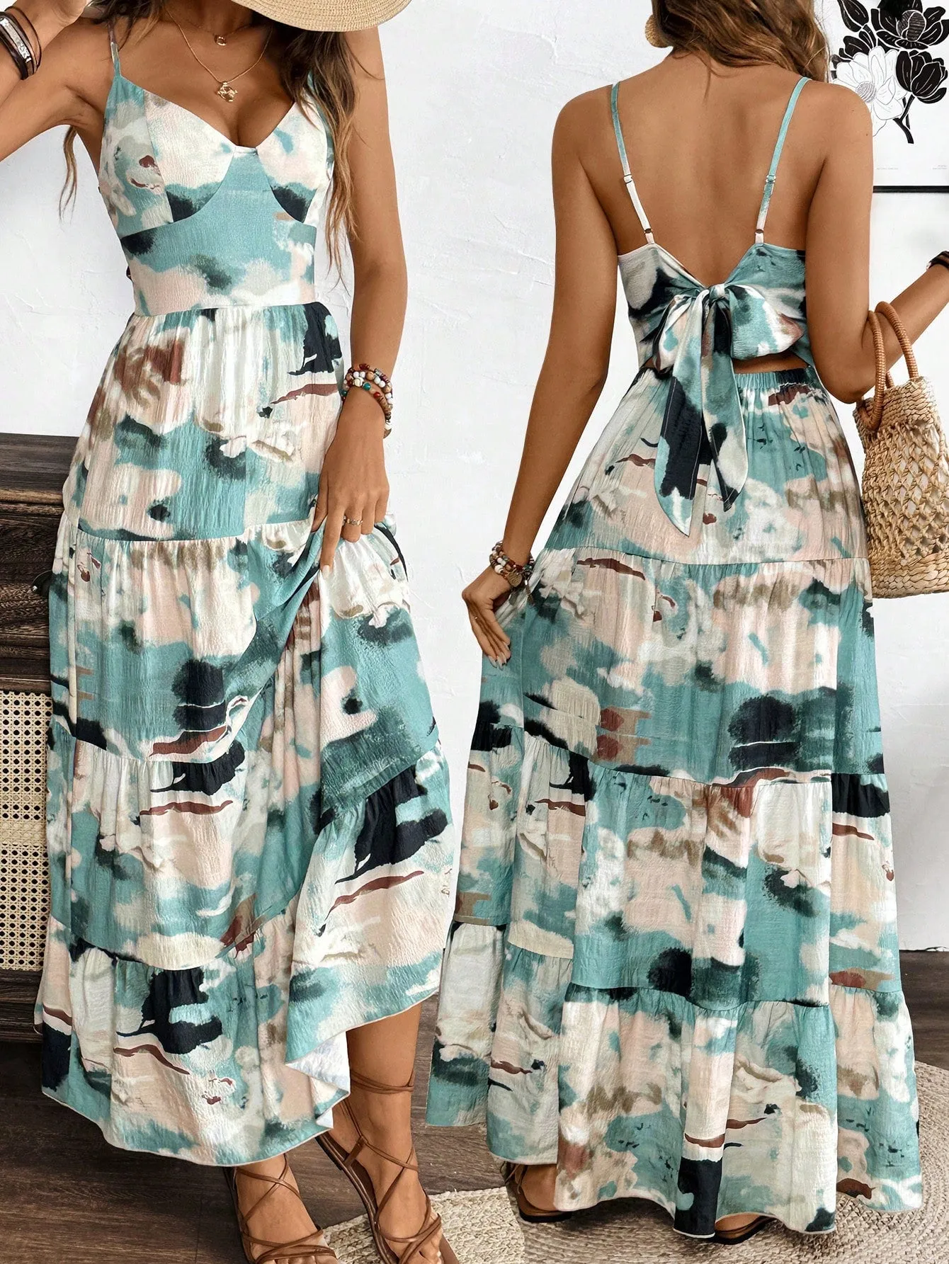 SHEIN VCAY Summer Vacation Solid Color Textured Strap Backless Maxi Dress