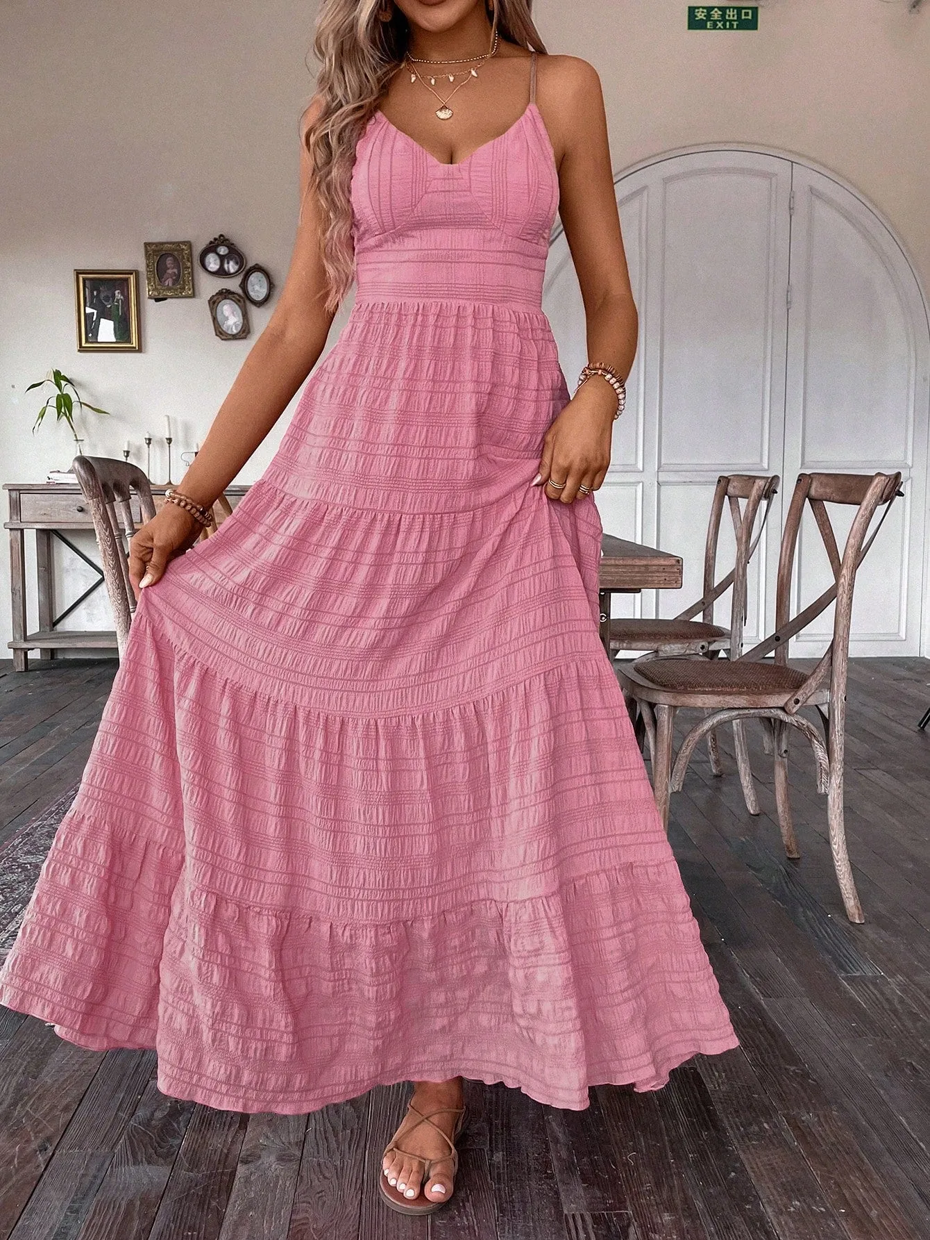 SHEIN VCAY Summer Vacation Solid Color Textured Strap Backless Maxi Dress