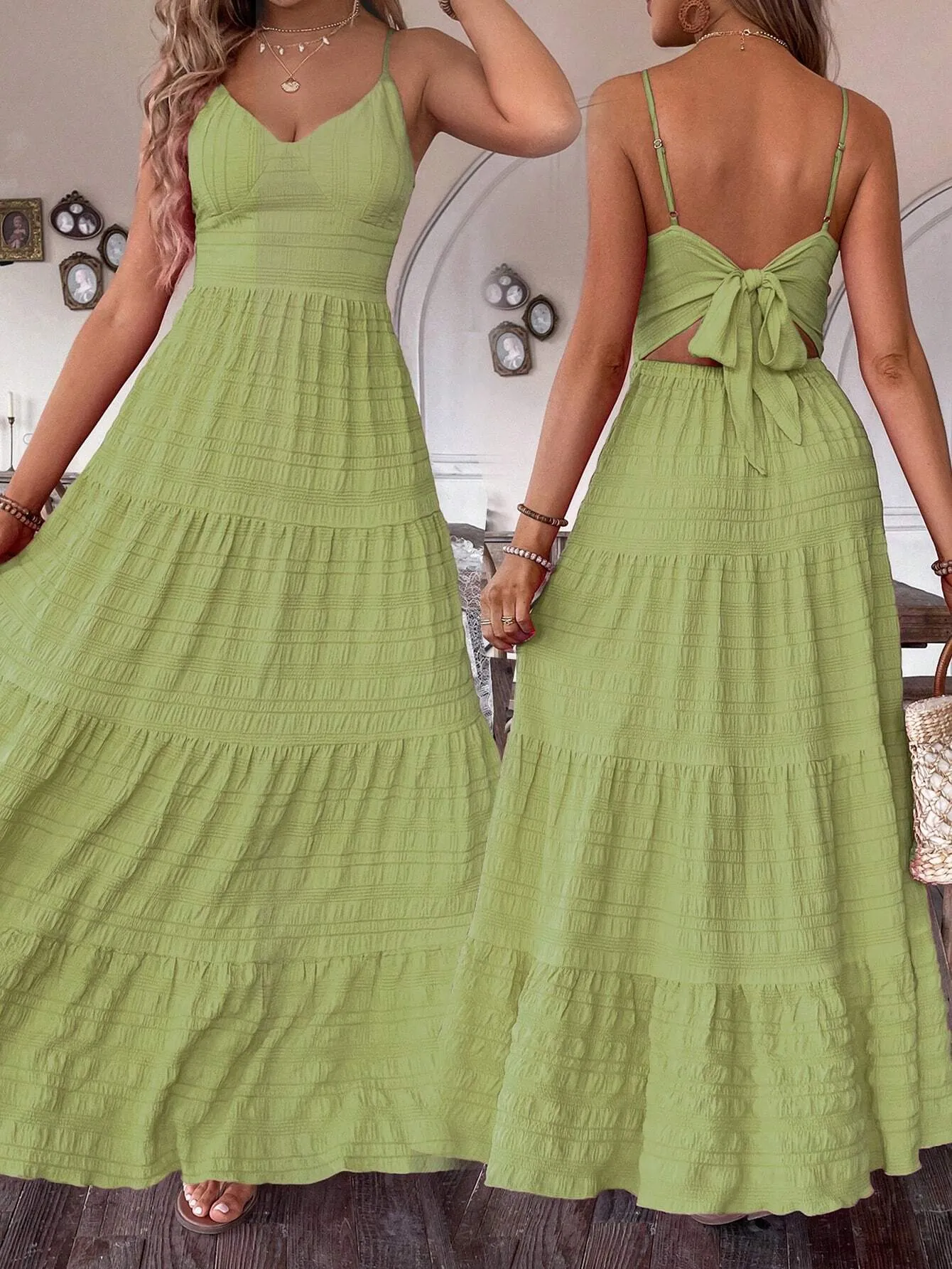 SHEIN VCAY Summer Vacation Solid Color Textured Strap Backless Maxi Dress