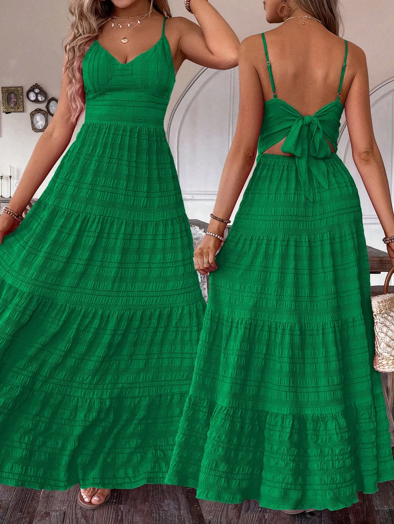 SHEIN VCAY Summer Vacation Solid Color Textured Strap Backless Maxi Dress