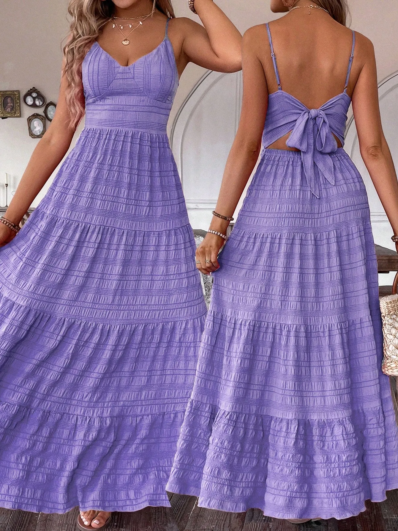 SHEIN VCAY Summer Vacation Solid Color Textured Strap Backless Maxi Dress