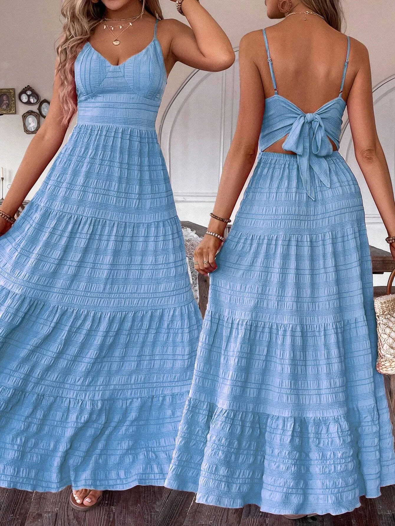 SHEIN VCAY Summer Vacation Solid Color Textured Strap Backless Maxi Dress